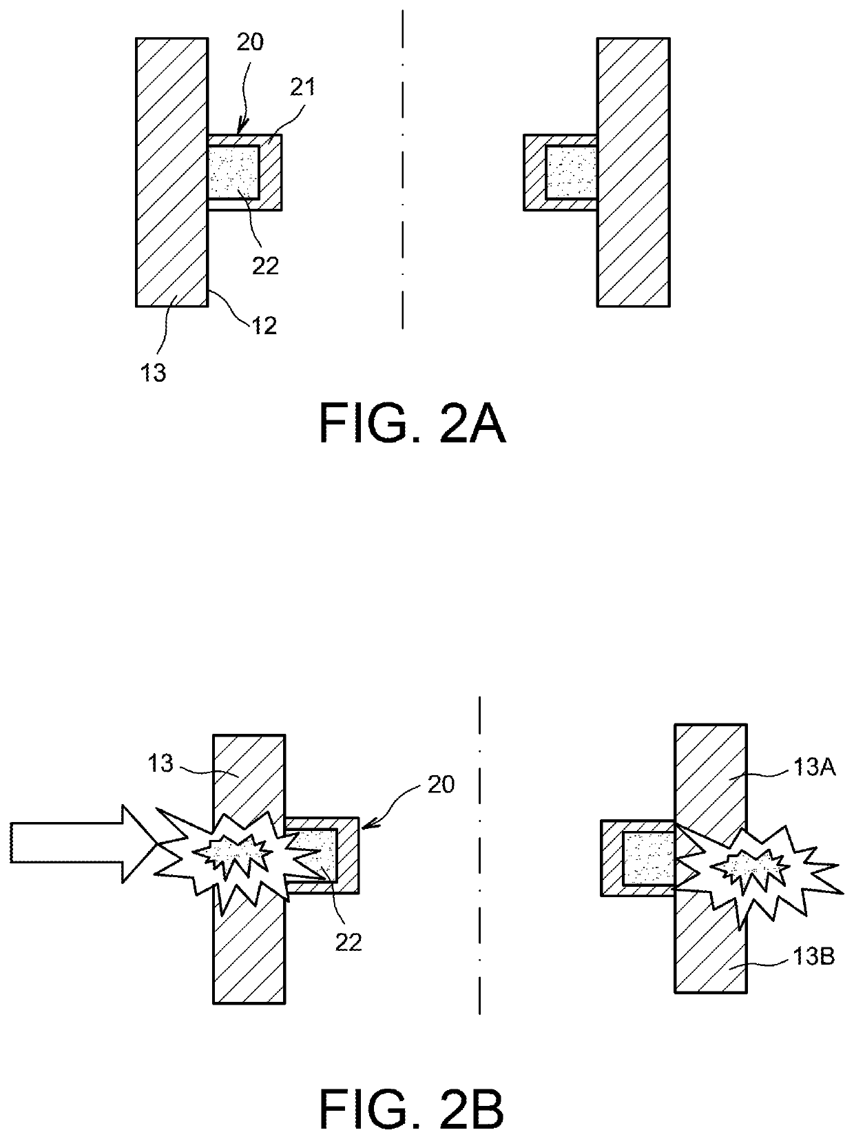 Method and device for the connection and linear separation of two elements stuck together