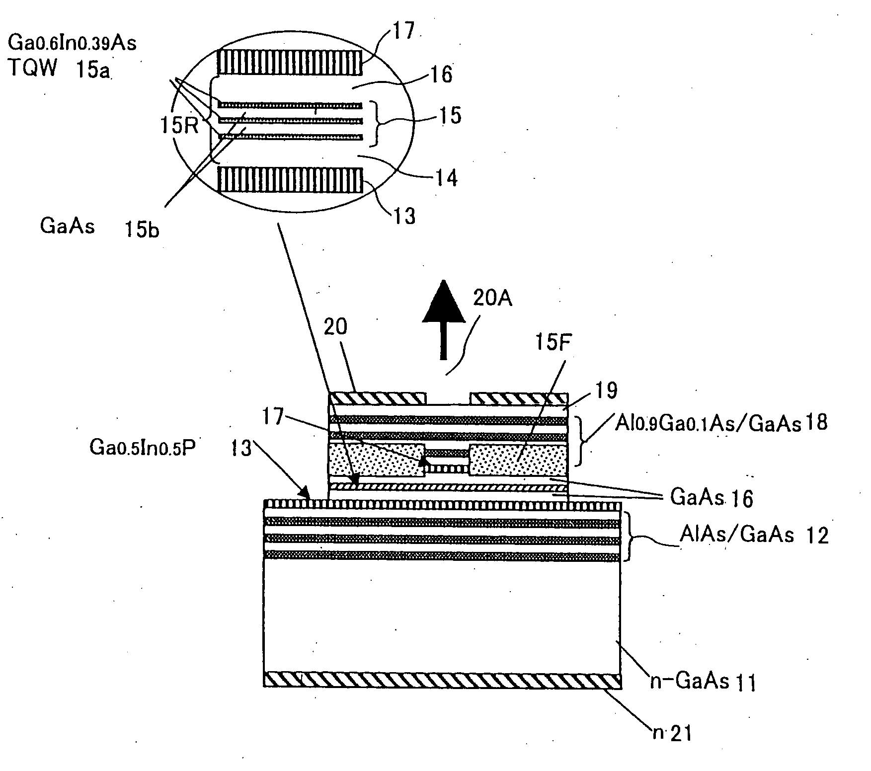 Surface-emission laser diode operable in the wavelength band of 1.1-1.7 um and optical telecommunication system using such a laser diode
