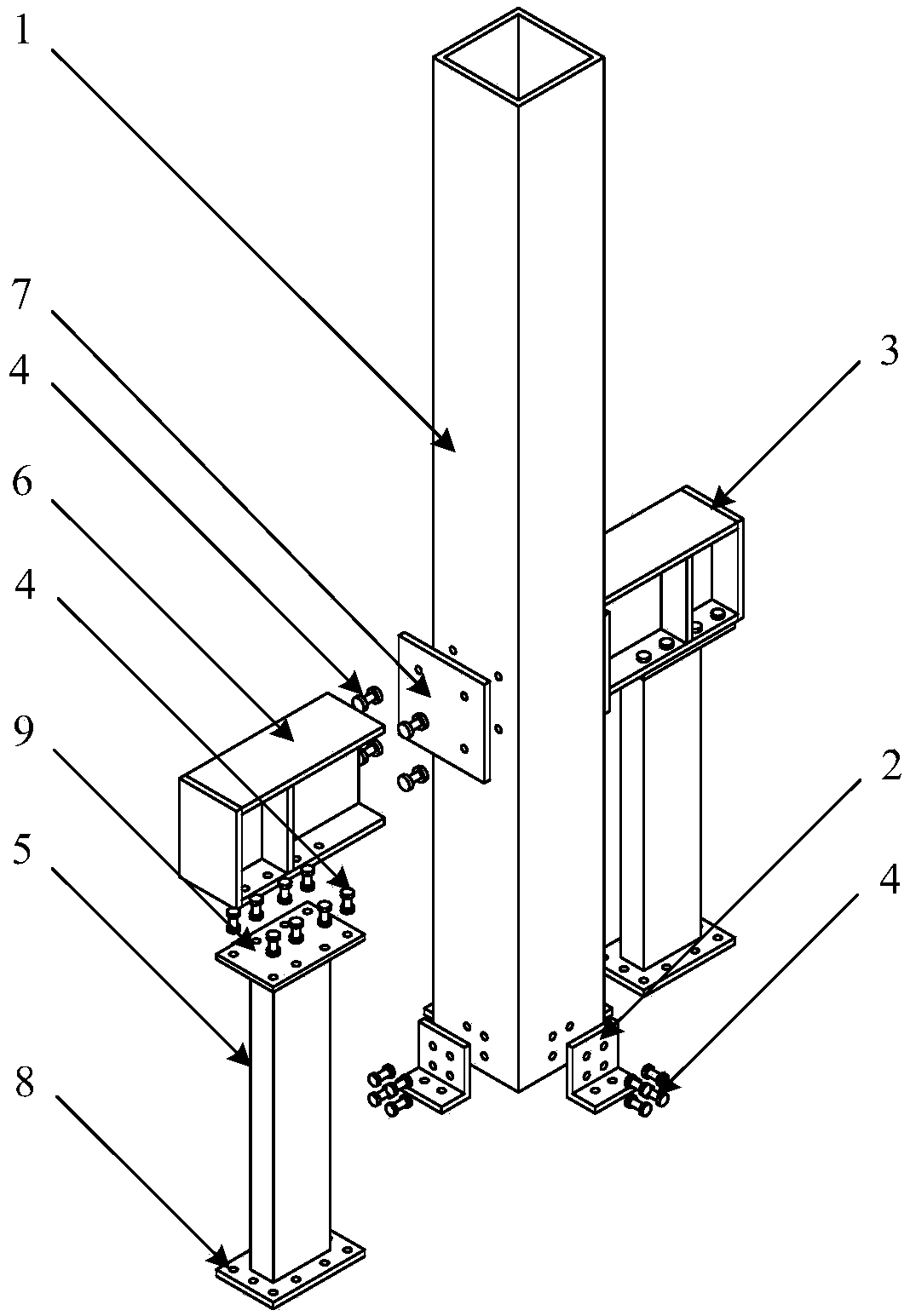 L-shaped member connecting column base node with additional lateral-resistance shearing wall and functions recoverable after earthquake