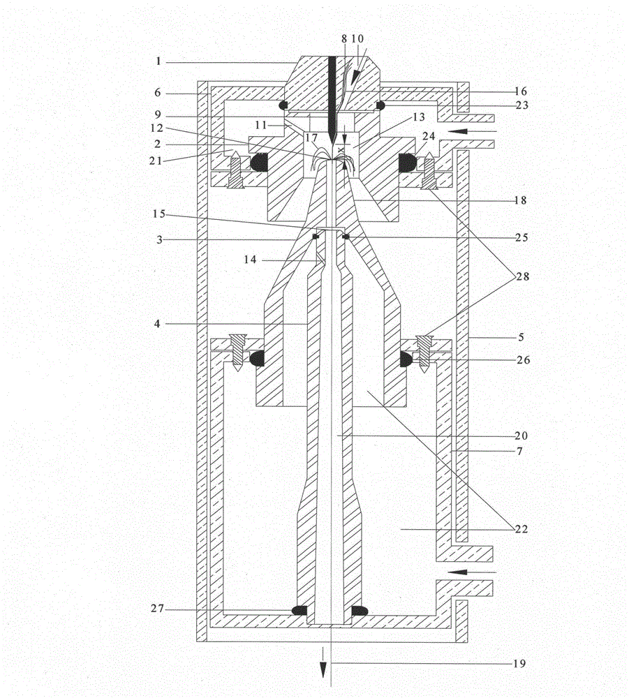 Air-jet vortex spinning nozzle device with vortex tube having three-sectional interior structure