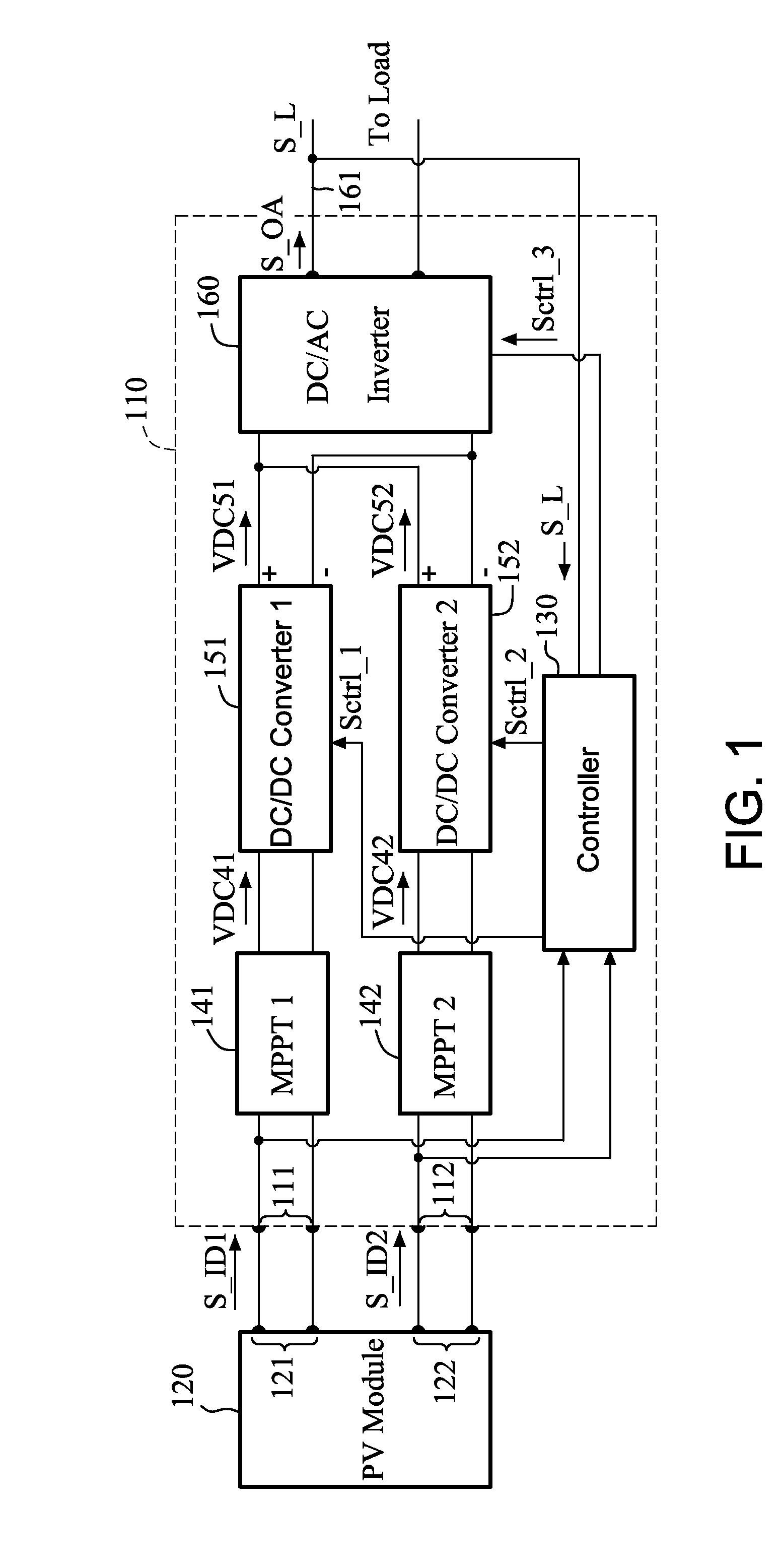 Converting device with multiple input terminals and two output terminals and photovoltaic system employing the same