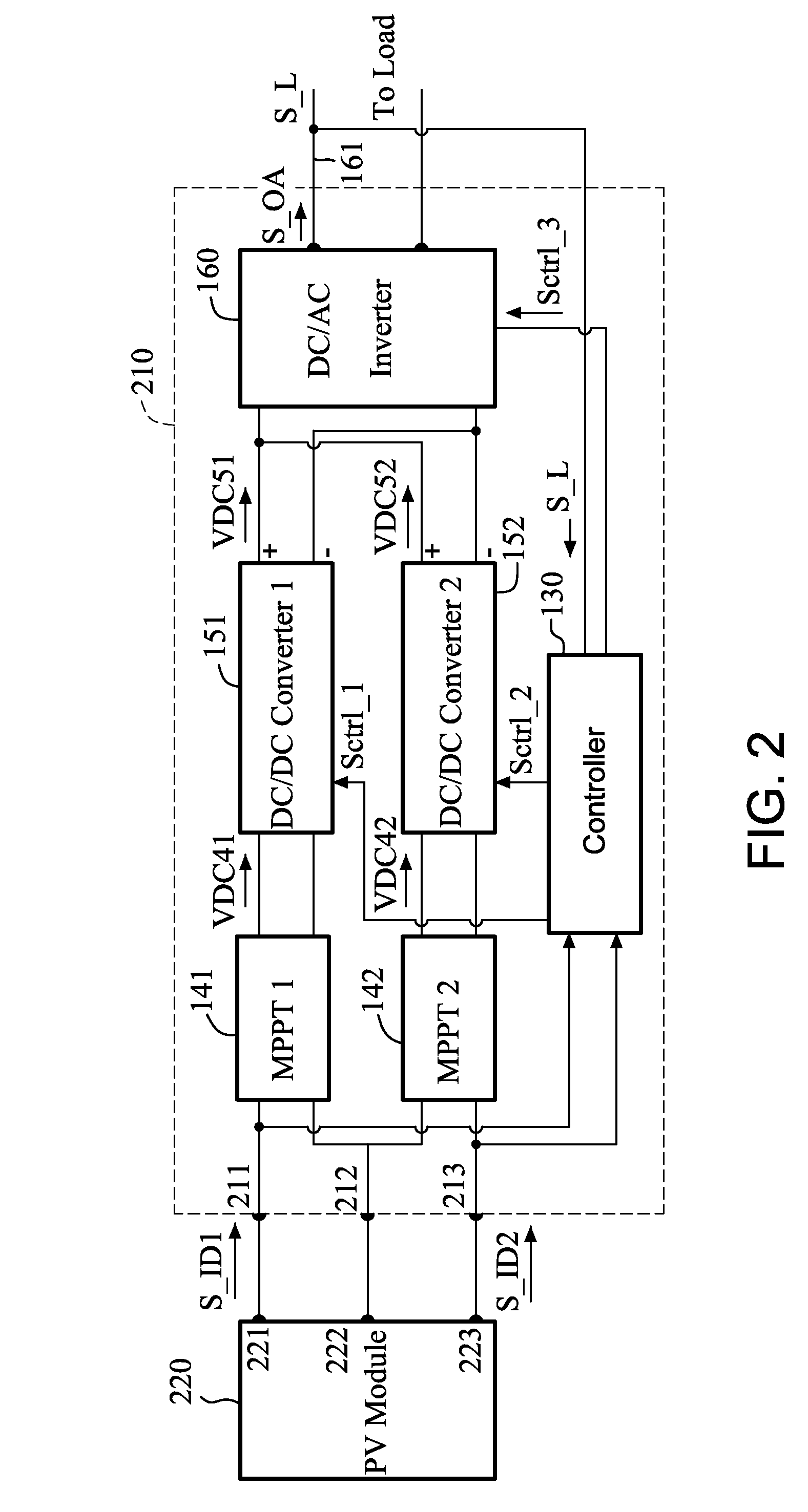 Converting device with multiple input terminals and two output terminals and photovoltaic system employing the same