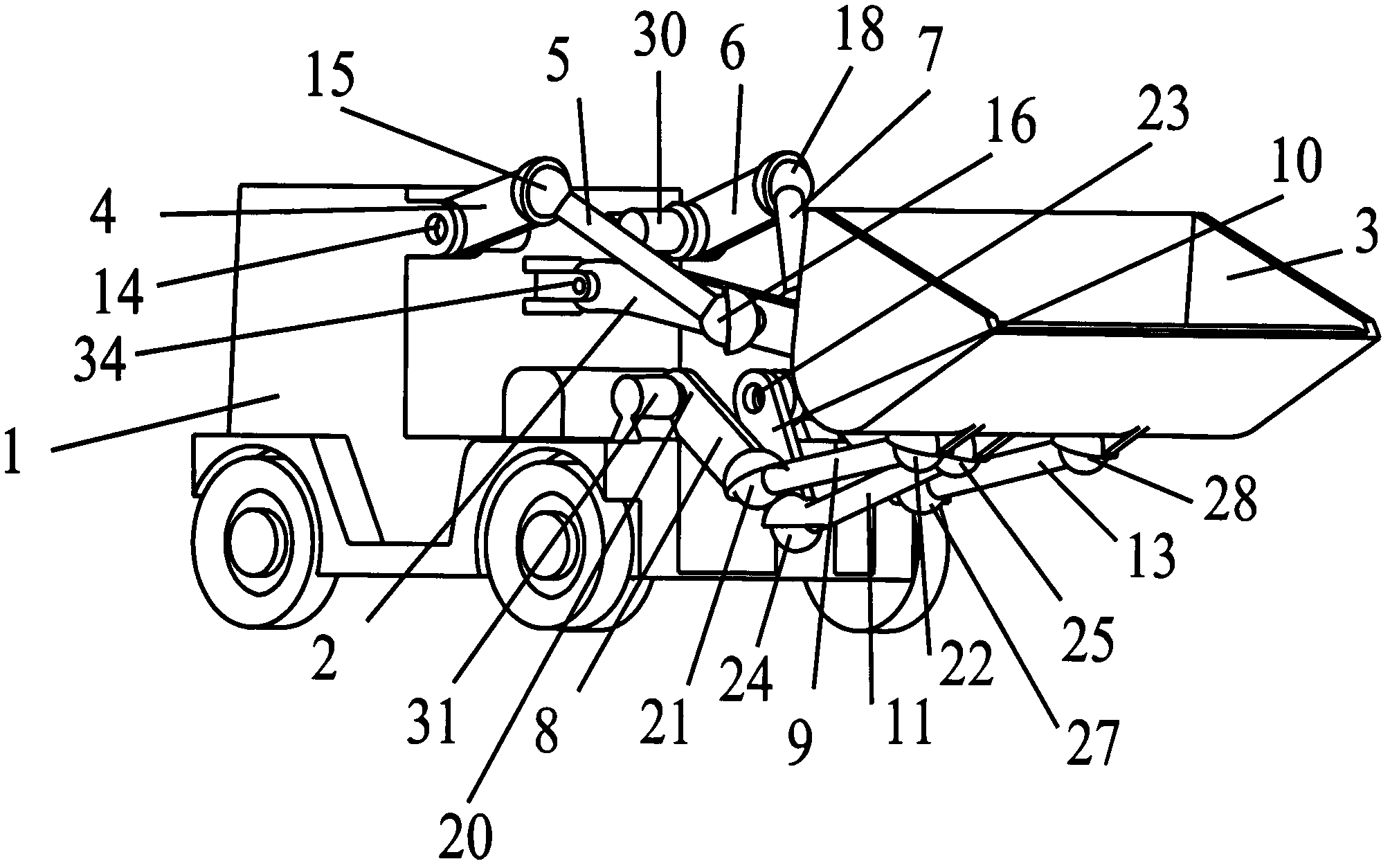 Spatially controllable mechanism type loader with two-dimensional rotary moving arm and three-dimensional rotary bucket