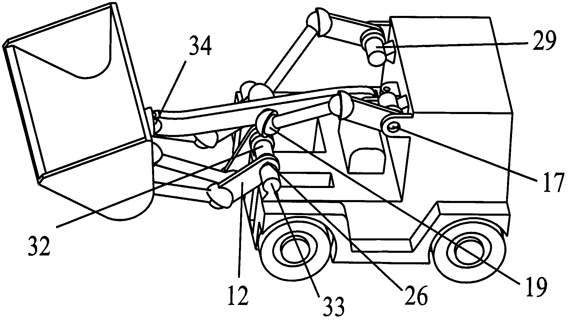 Spatially controllable mechanism type loader with two-dimensional rotary moving arm and three-dimensional rotary bucket