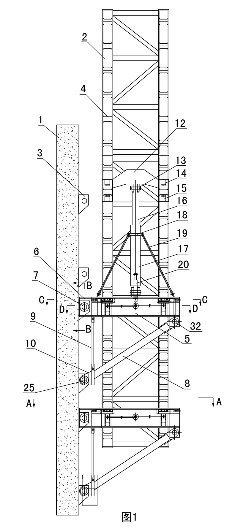 Hydraulic climbing system for wall-attached support frame