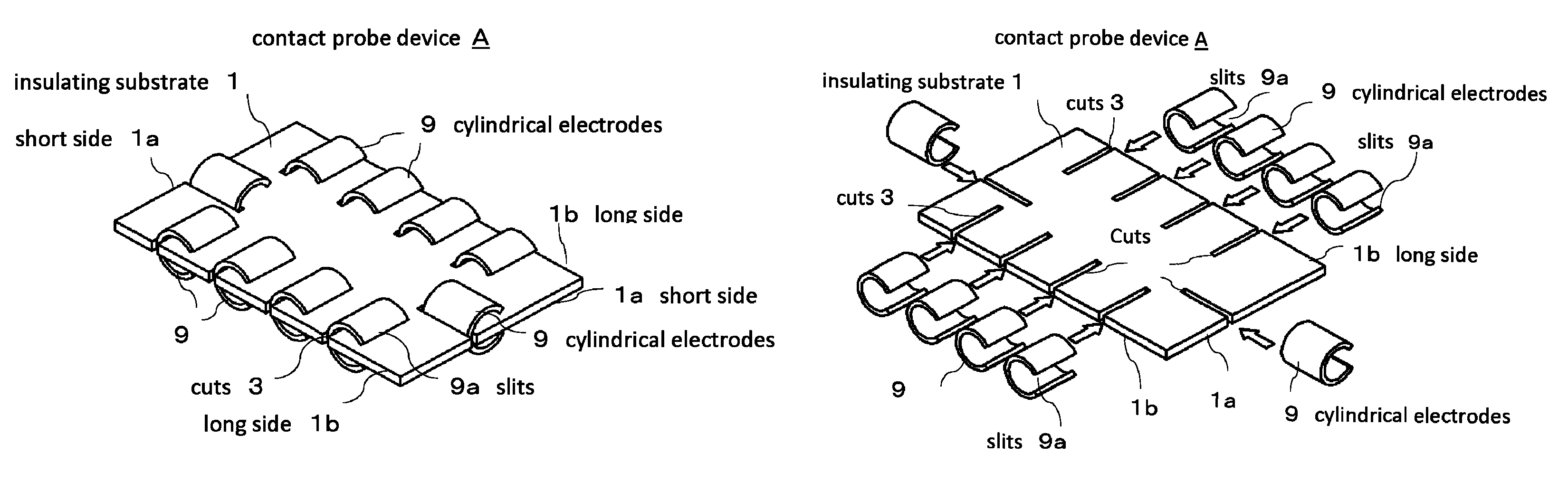 Contact probe device having a substrate fitted into slits of cylindrical electrodes