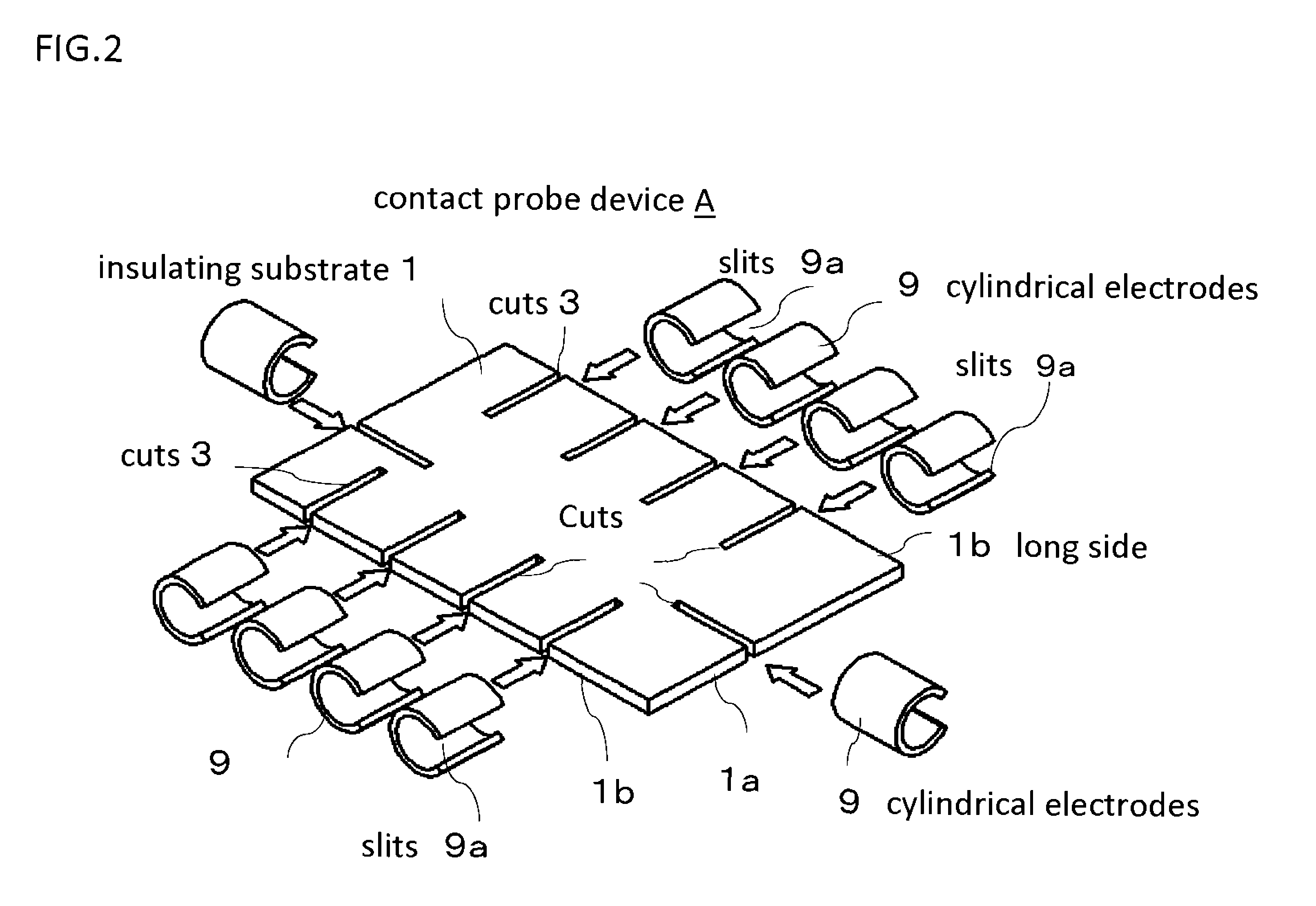 Contact probe device having a substrate fitted into slits of cylindrical electrodes