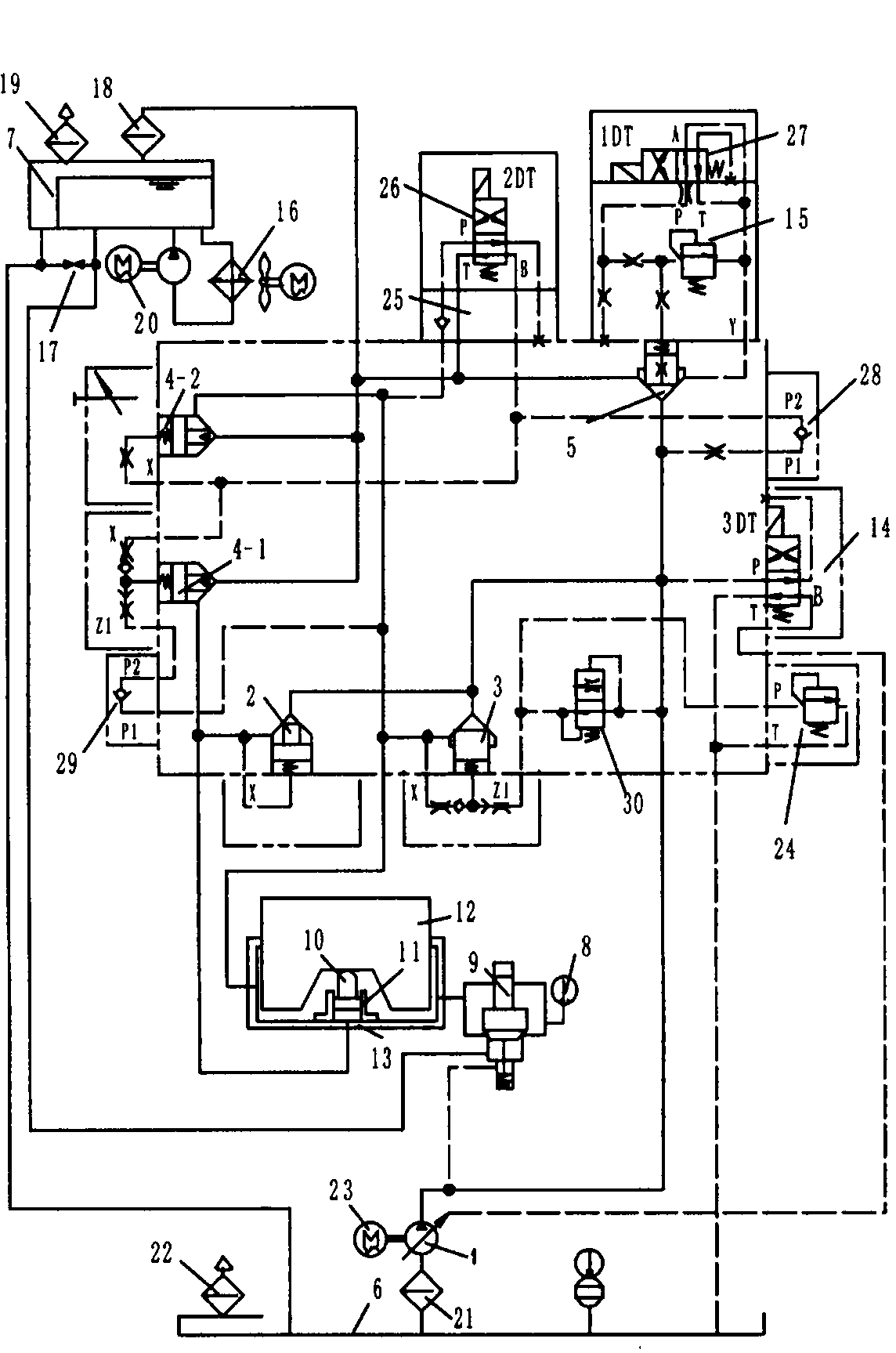 Hydraulic transmission and control system for press machine
