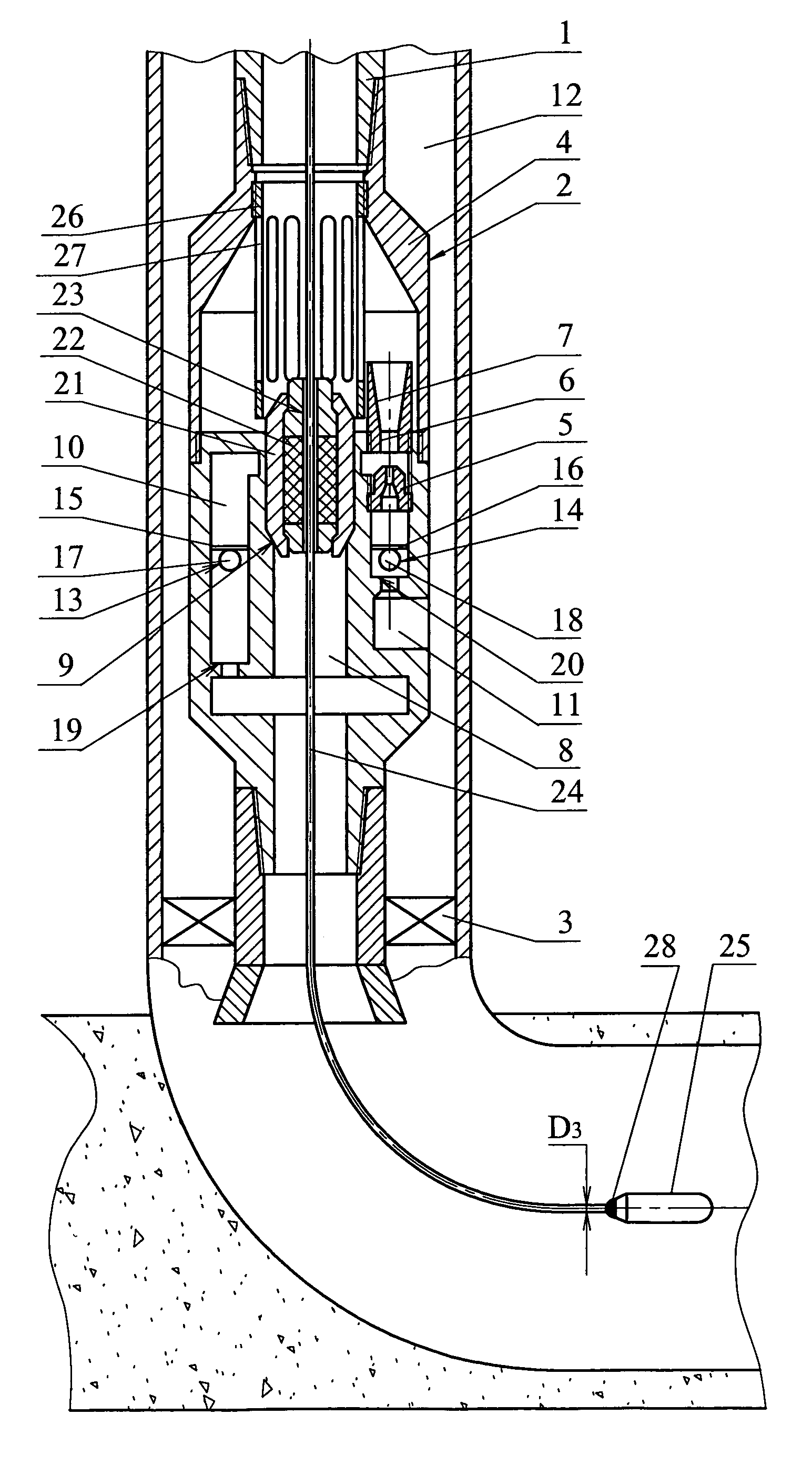 Bore-hole jet device for formation hydraulic fracturing and horizontal well examination and a method for the operation thereof