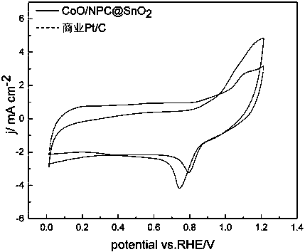 CoO/NPC@SnO2 bifunctional catalyst obtained by employing metal organic frame and preparation method thereof