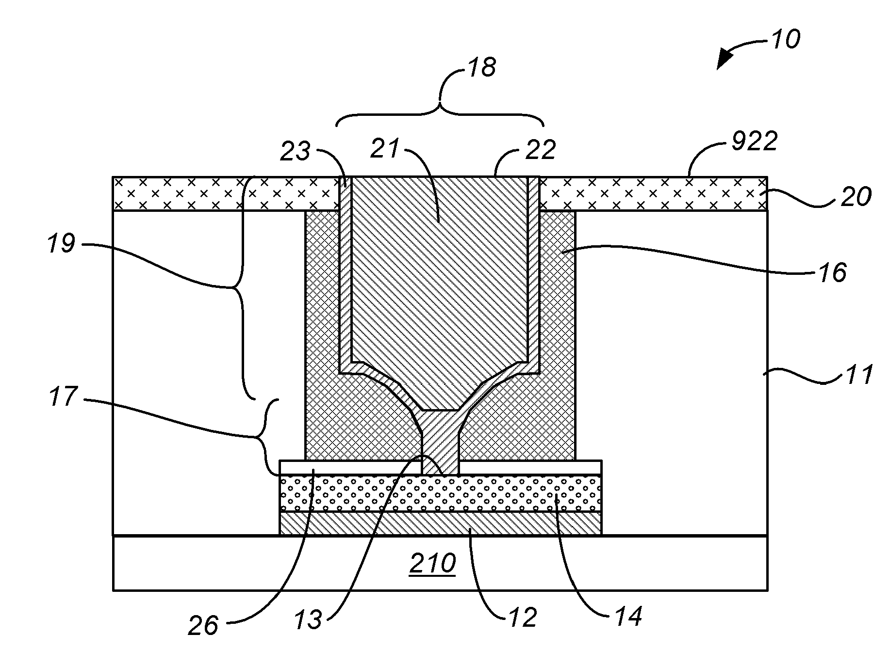 Memory device having wide area phase change element and small electrode contact area