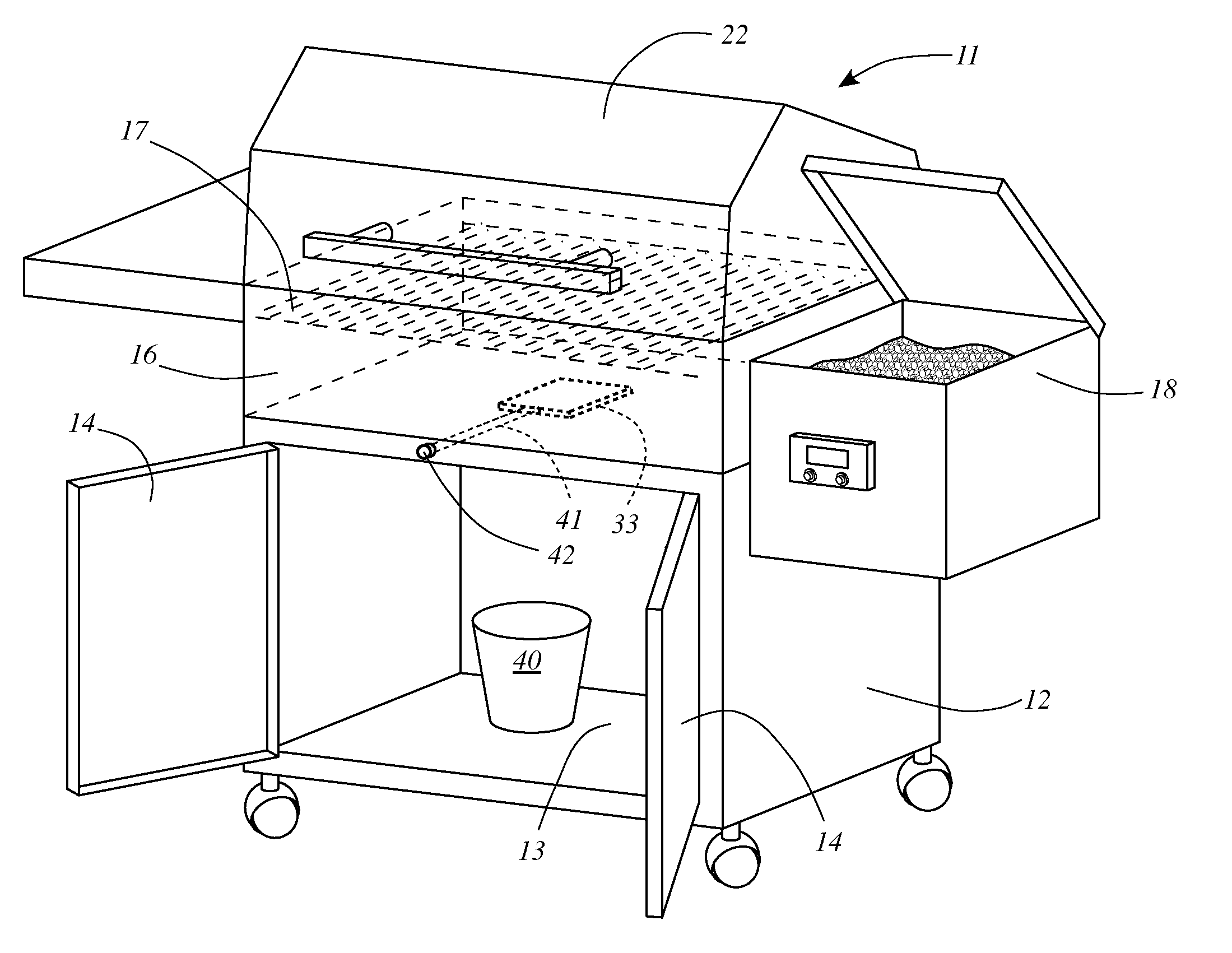Pellet fueled grill with cleanout port