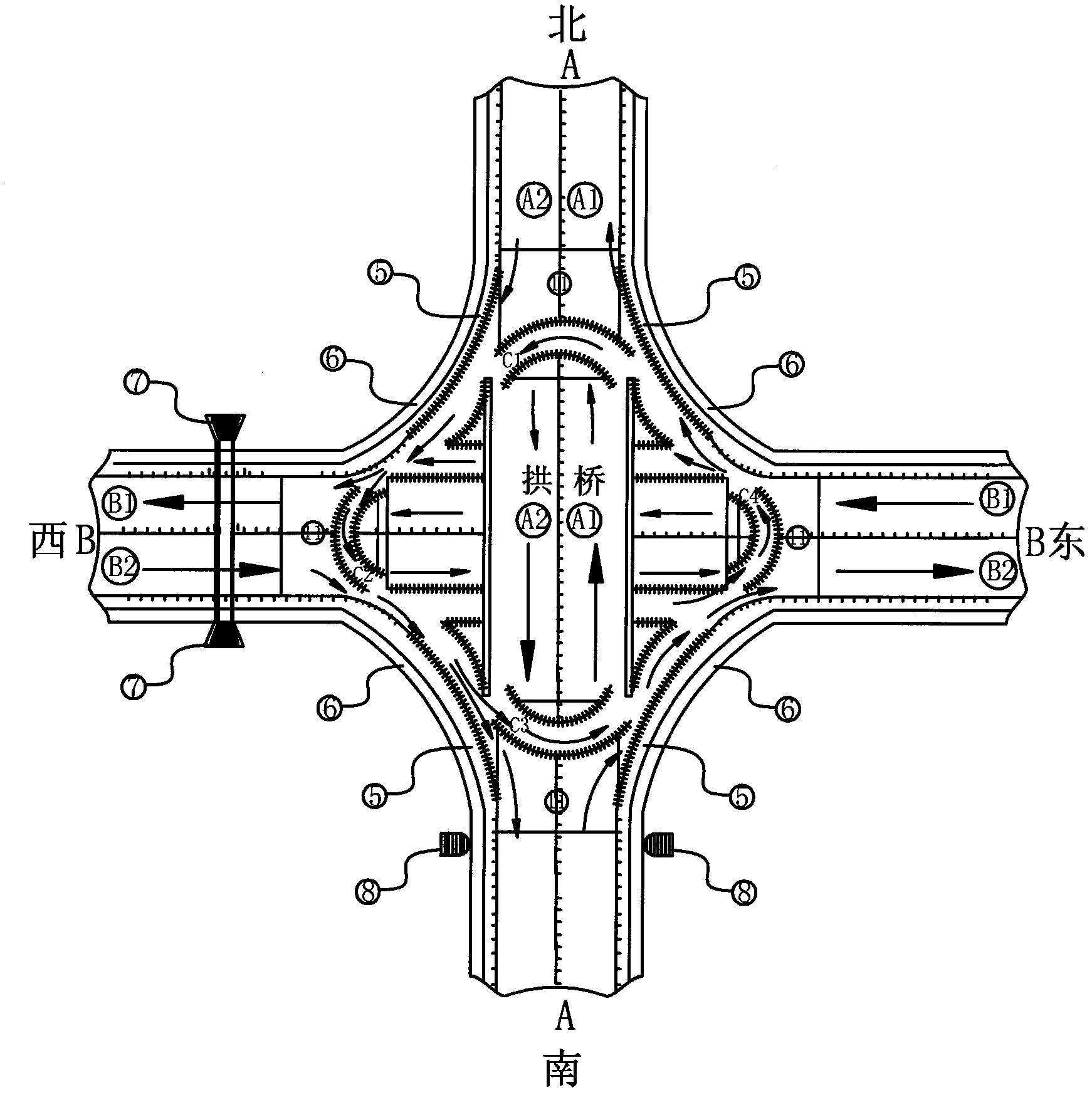 Improved tunnel concave bridge of traffic hub system for keeping intersection simultaneously smooth in sixteen directions