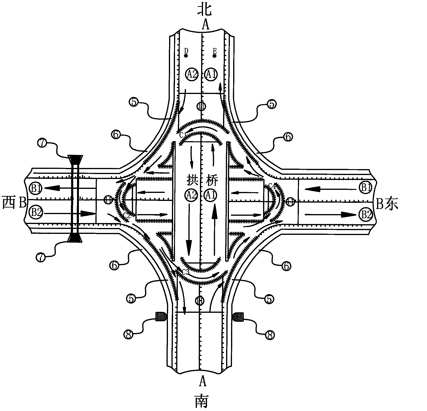 Improved tunnel concave bridge of traffic hub system for keeping intersection simultaneously smooth in sixteen directions