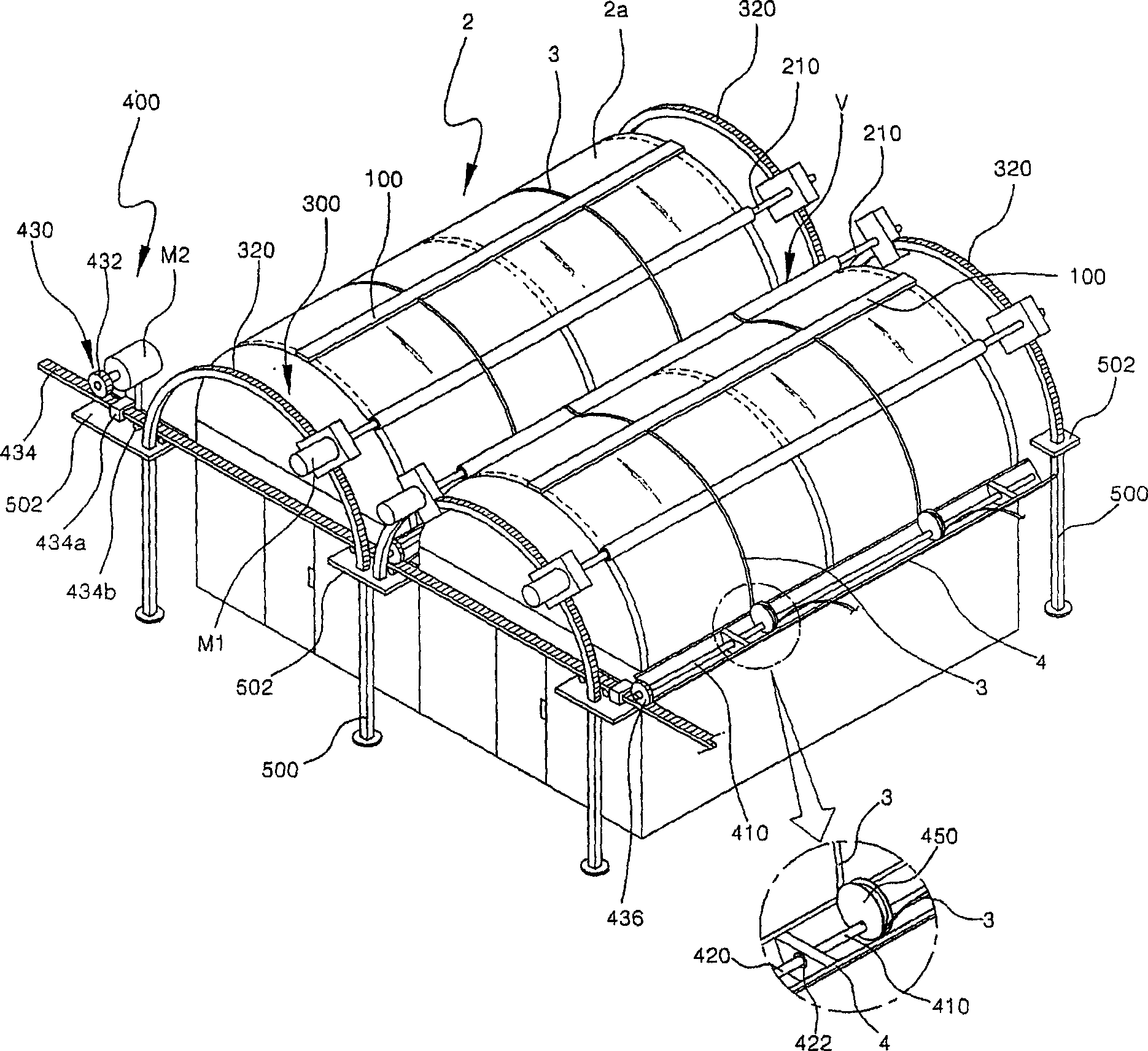 Automatic soft roof opening system for multi-span greenhouses
