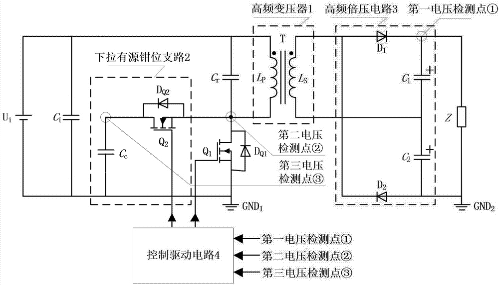 Isolated DC-DC boost converter with pull-down active clamping branch circuits
