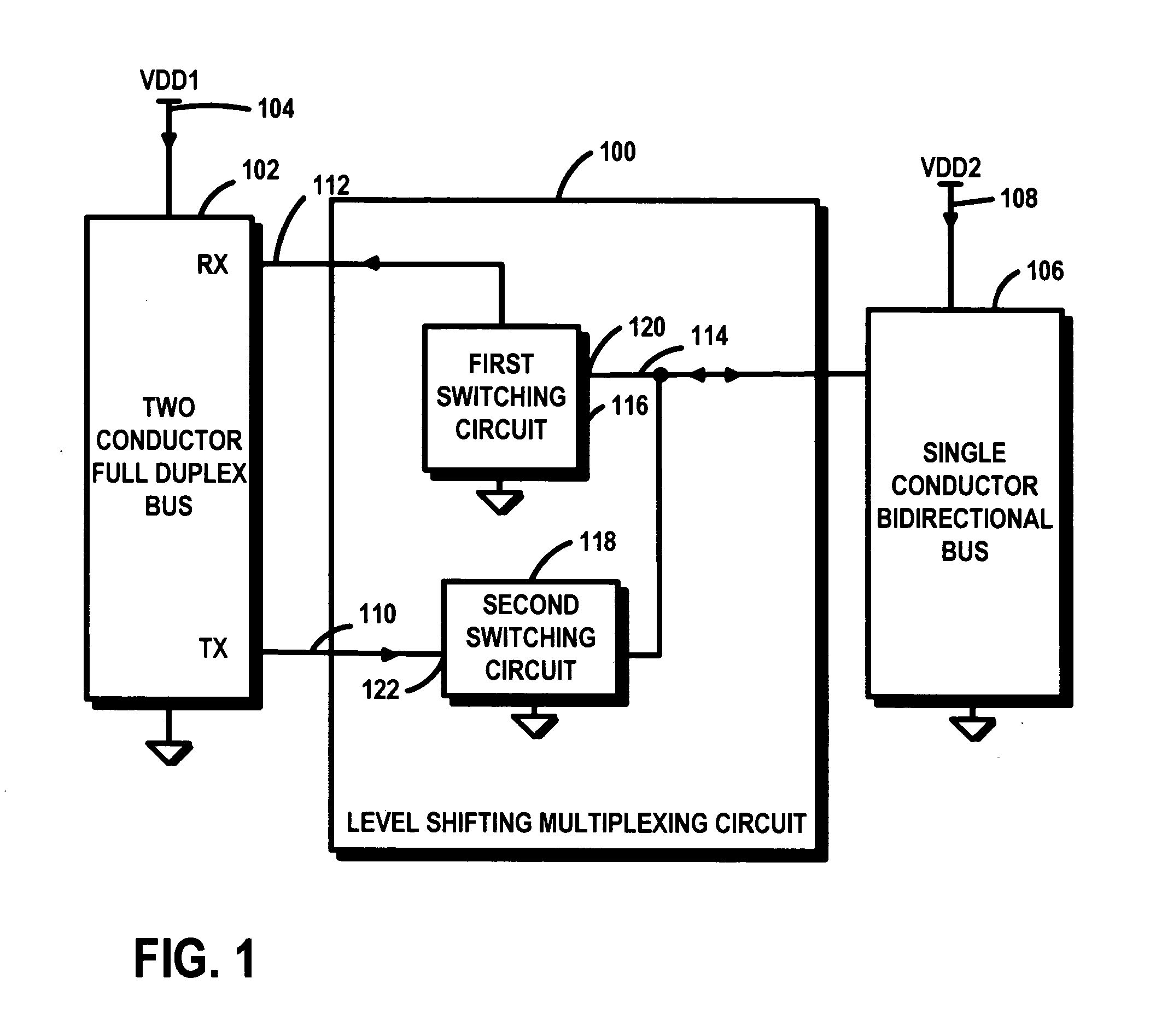 Level shifting multiplexing circuit for connecting a two conductor full duplex bus to a bidirectional single conductor bus