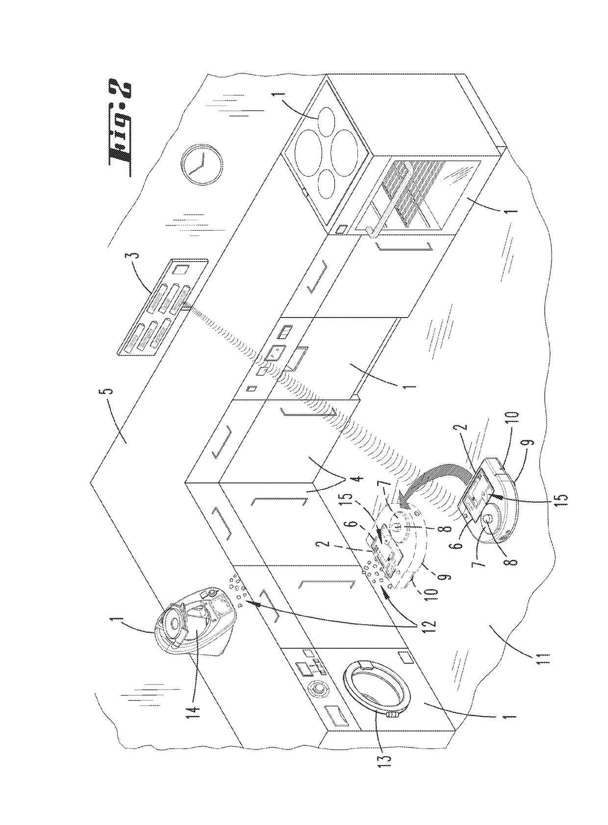 System of at least one household appliance, at least one automatically moving cleaning device and a control device