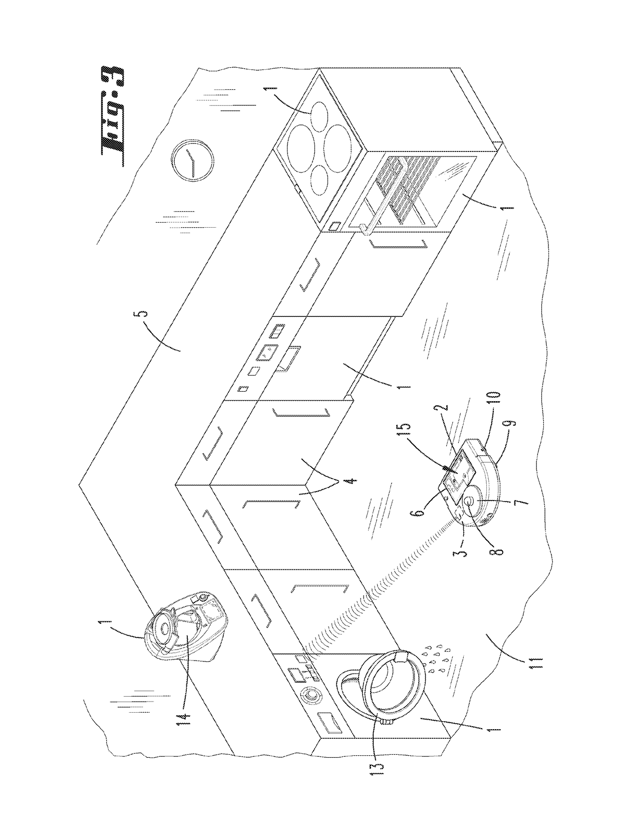 System of at least one household appliance, at least one automatically moving cleaning device and a control device