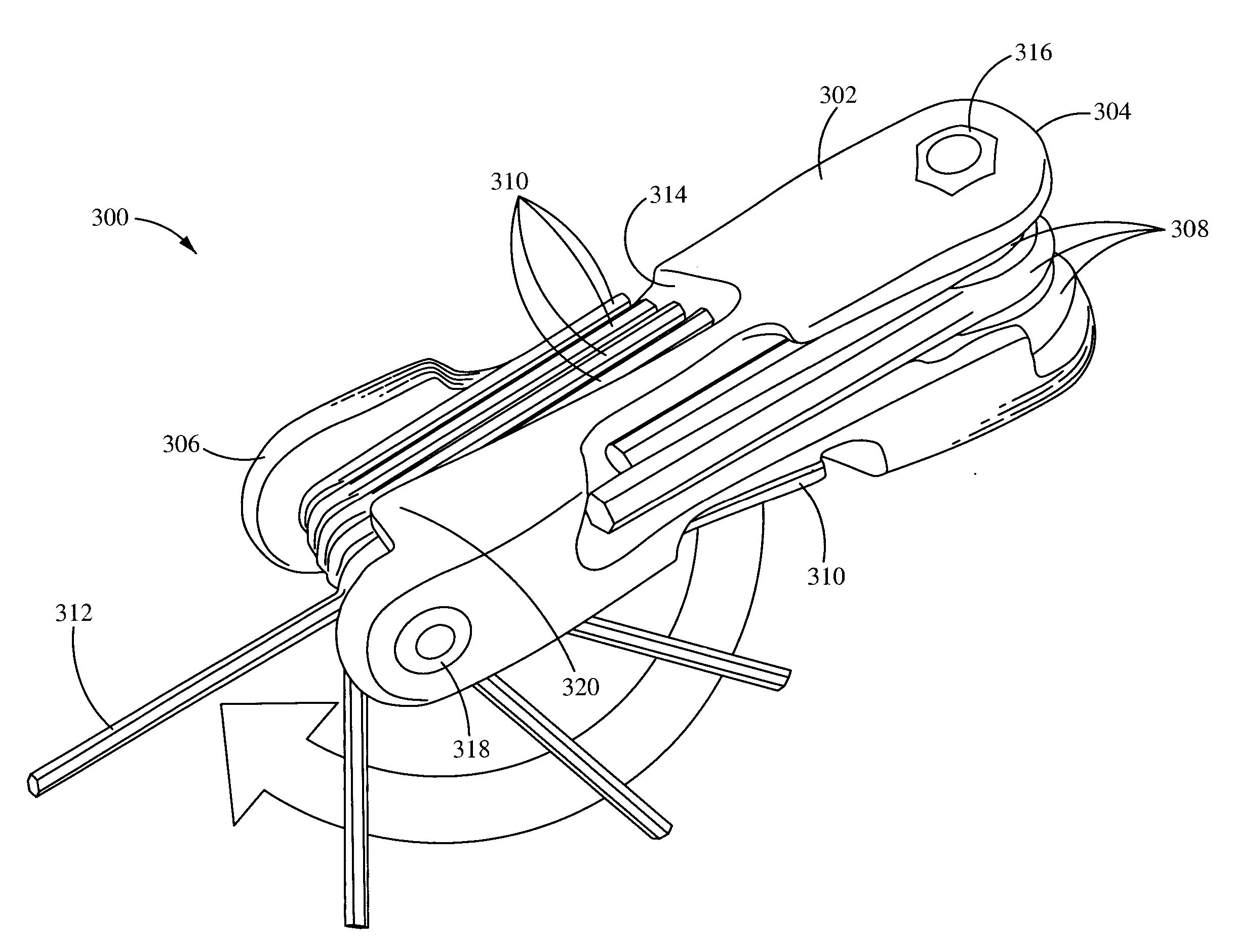 Biaxial foldout tool with multiple tools on a side and a rotational stop