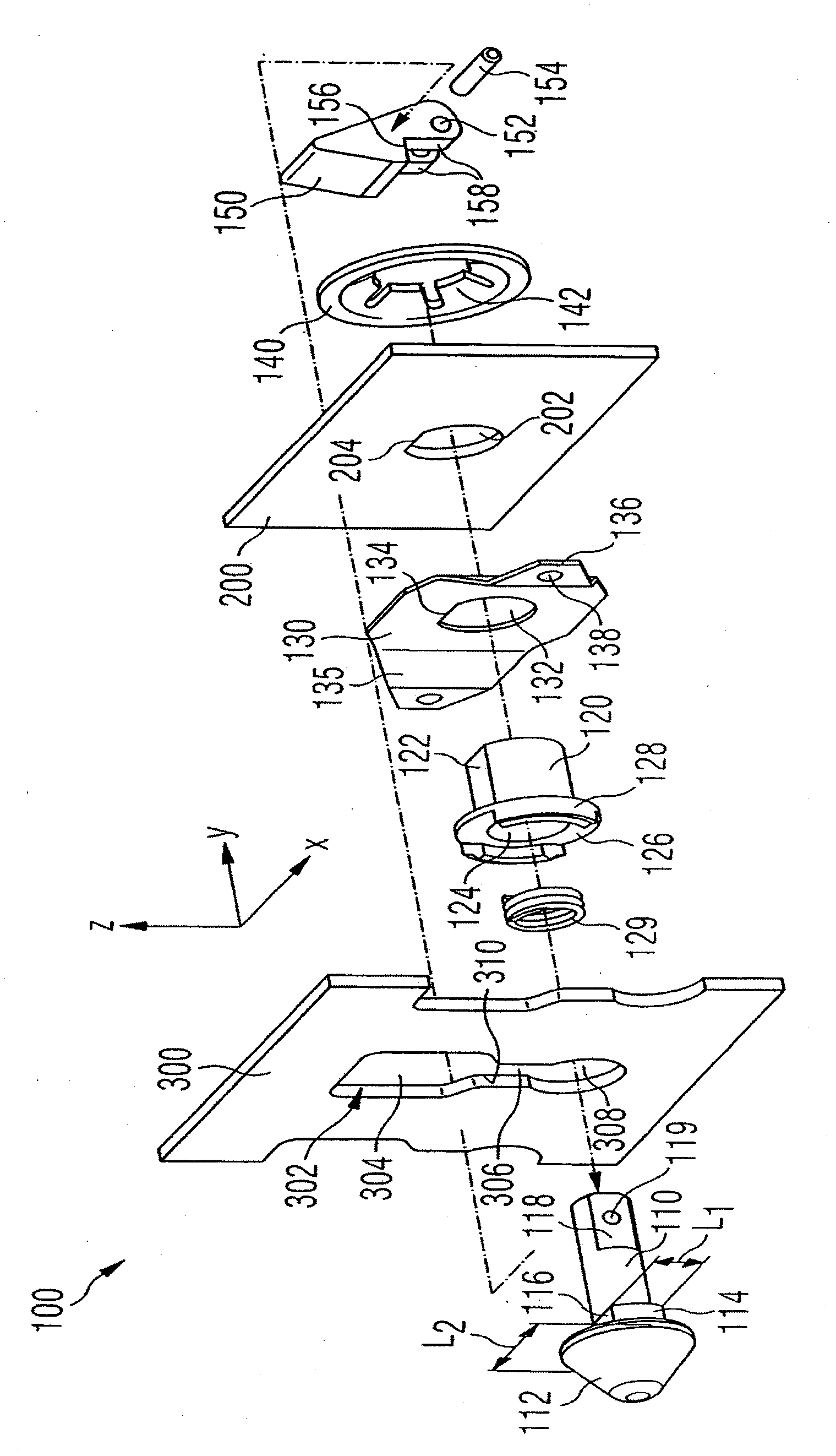 Fastening device for a module element in an airplane