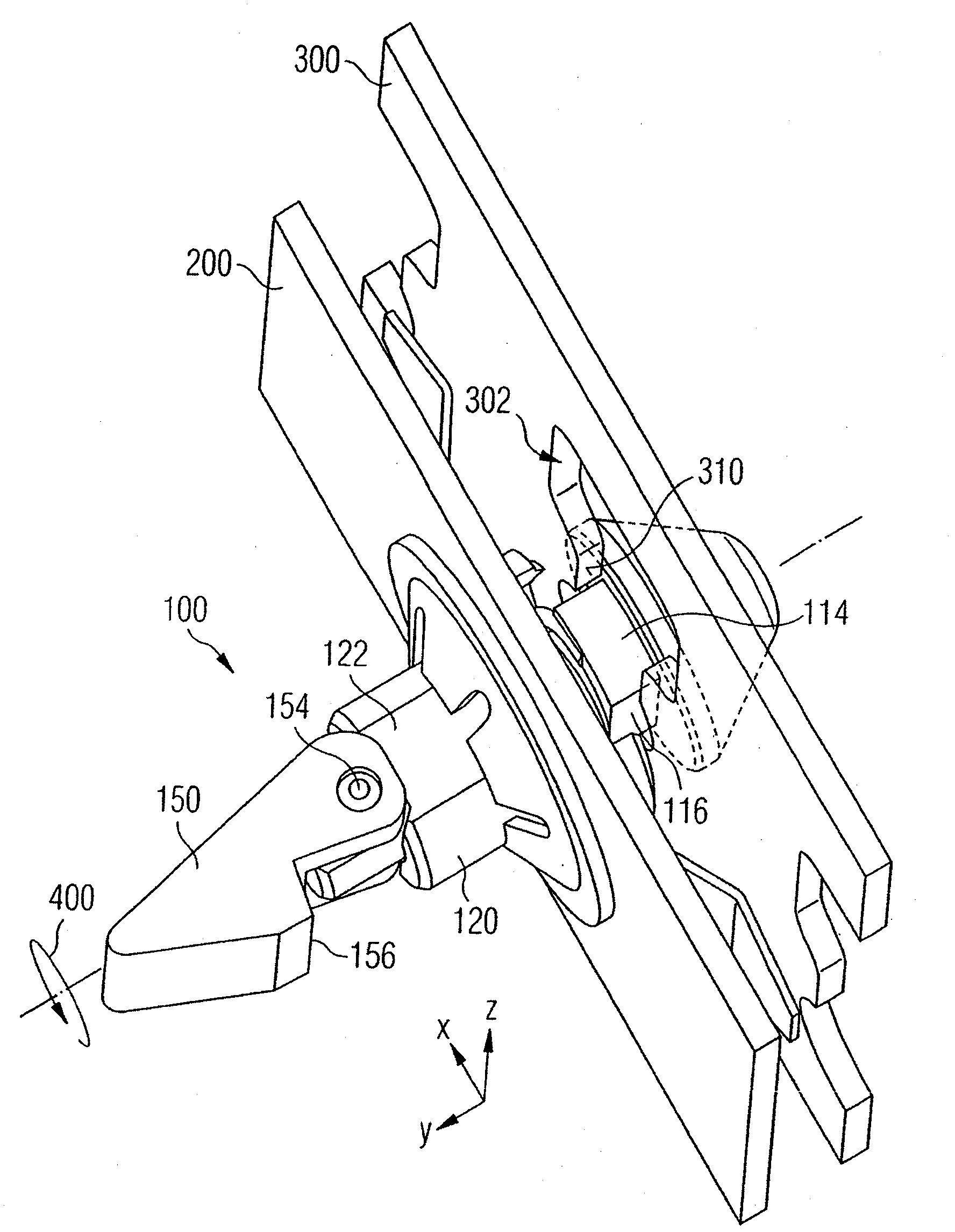 Fastening device for a module element in an airplane