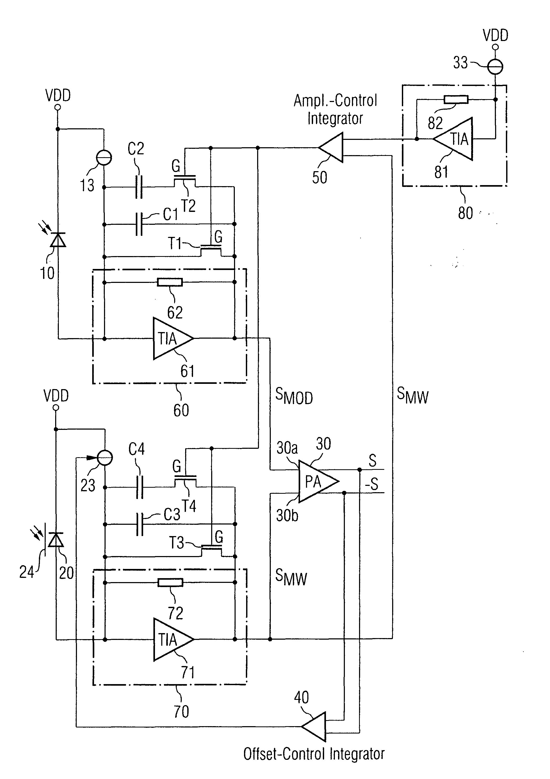 Amplifier circuit for converting the current signal from an optical receiving element into a voltage signal