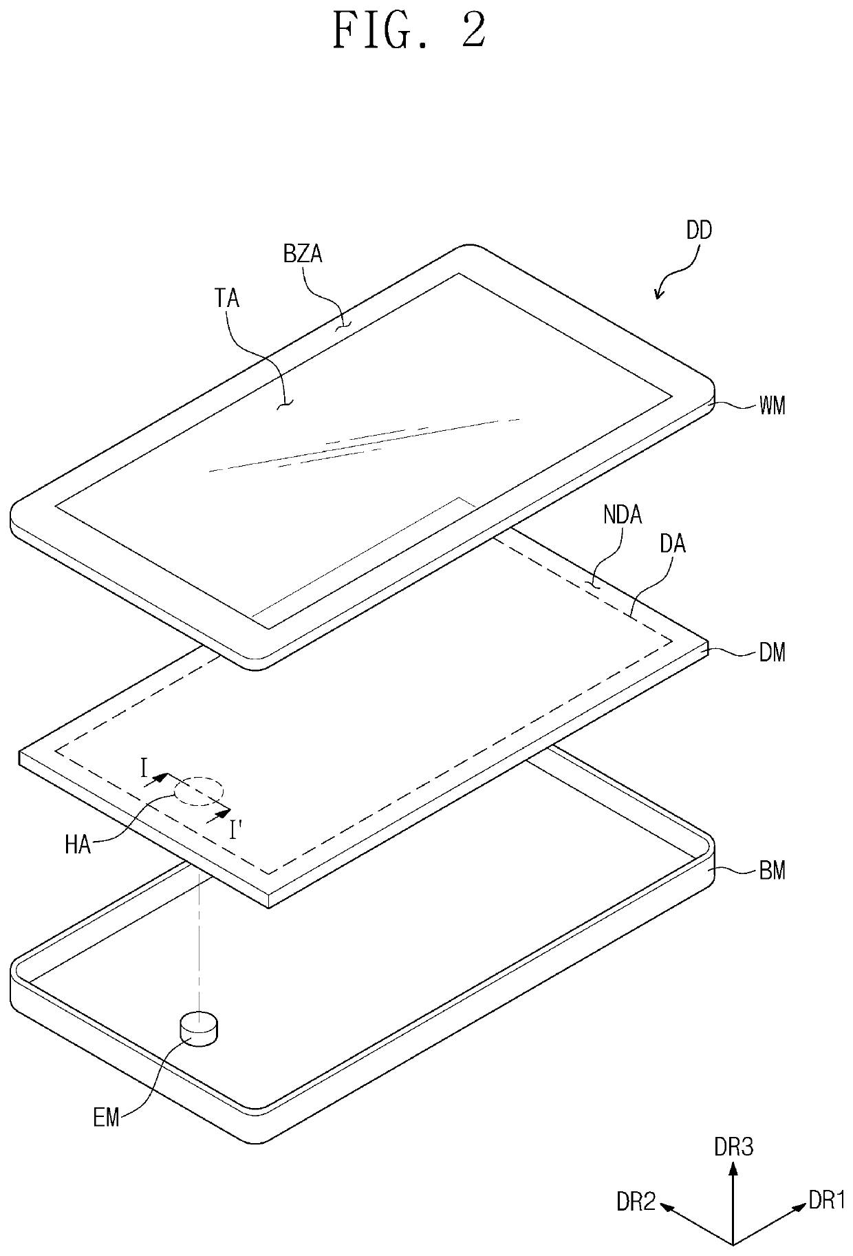 Display device having second electrode including a first portion that is not overlapped with the module hole and a second portion between the module hole and the first portion