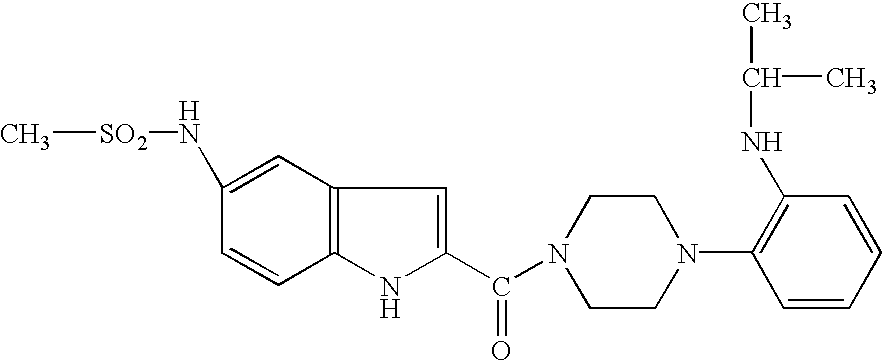 Crystal forms of 1-[5-methanesulfonamidoindolyl-2-carbonyl]-4-[3-(1-methylethylamino)-2-pyridinyl]piperazine