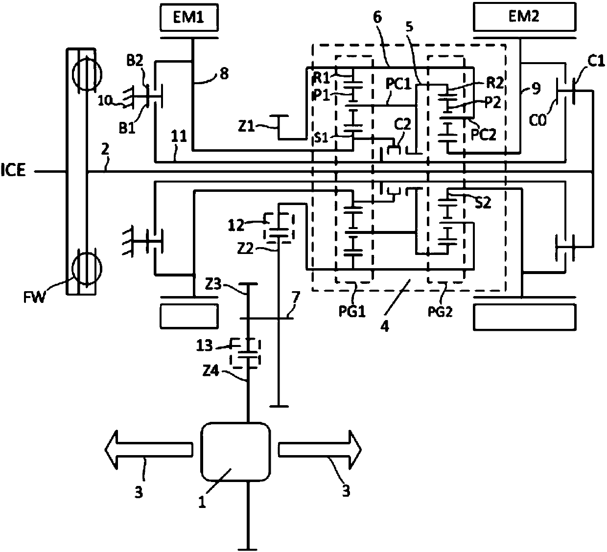 A transmission for a front-drive plug-in hybrid vehicle