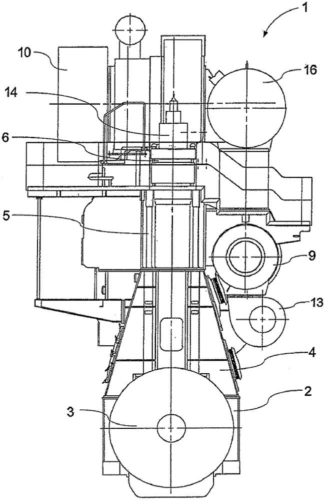 A large two-stroke diesel engine and a supporting plate structure for connection between an engine main structure and an exhaust gas receiver