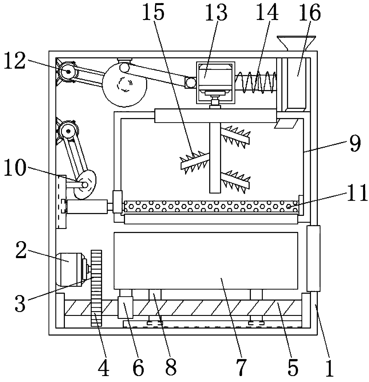 Inoculated log smashing and screening device convenient for discharging