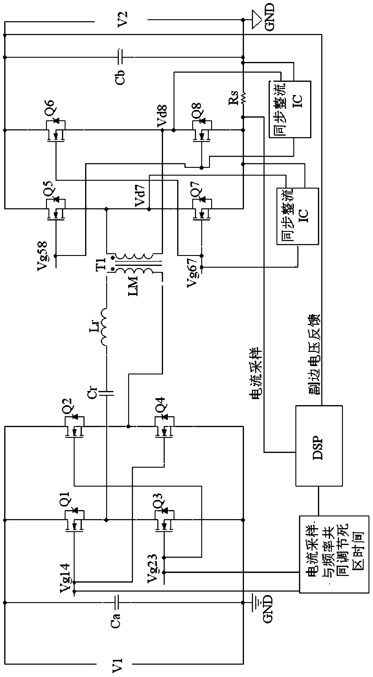 A converter circuit with bidirectional synchronous rectification and dead-time self-regulation