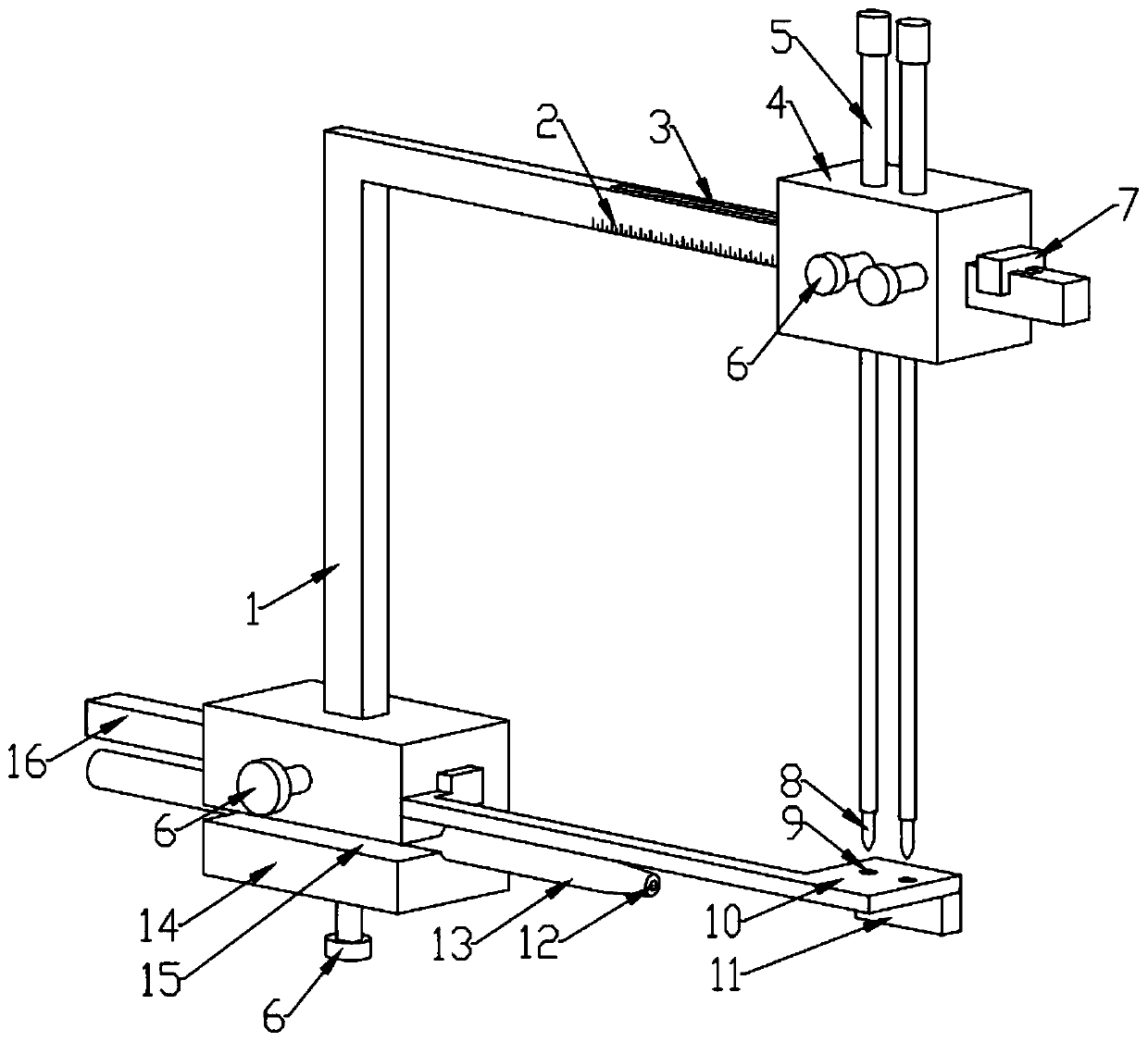 Double-plane vertical fixed point staggered distance-acetabulum anterior column screw minimally invasive positioning and guiding device