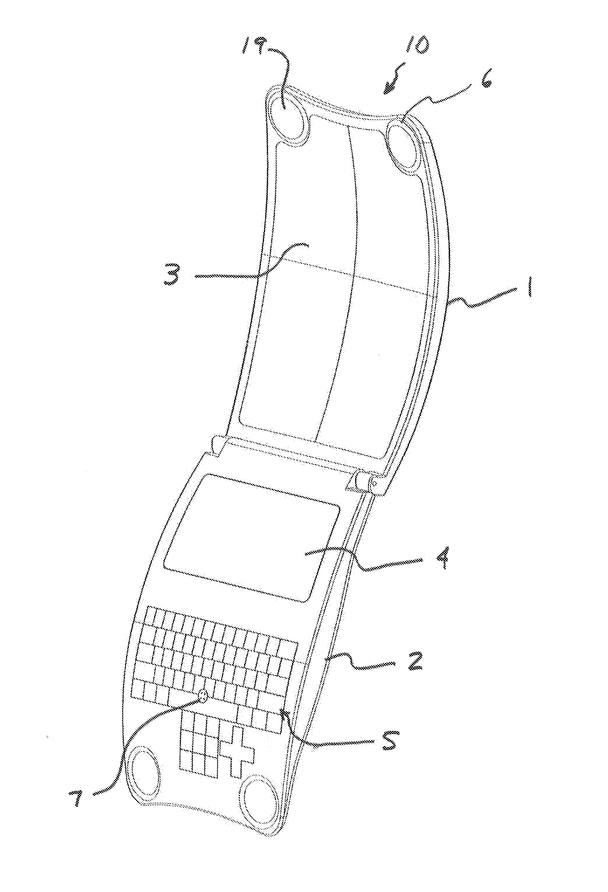 Foldable curved wireless communication device for insertion into hip pocket