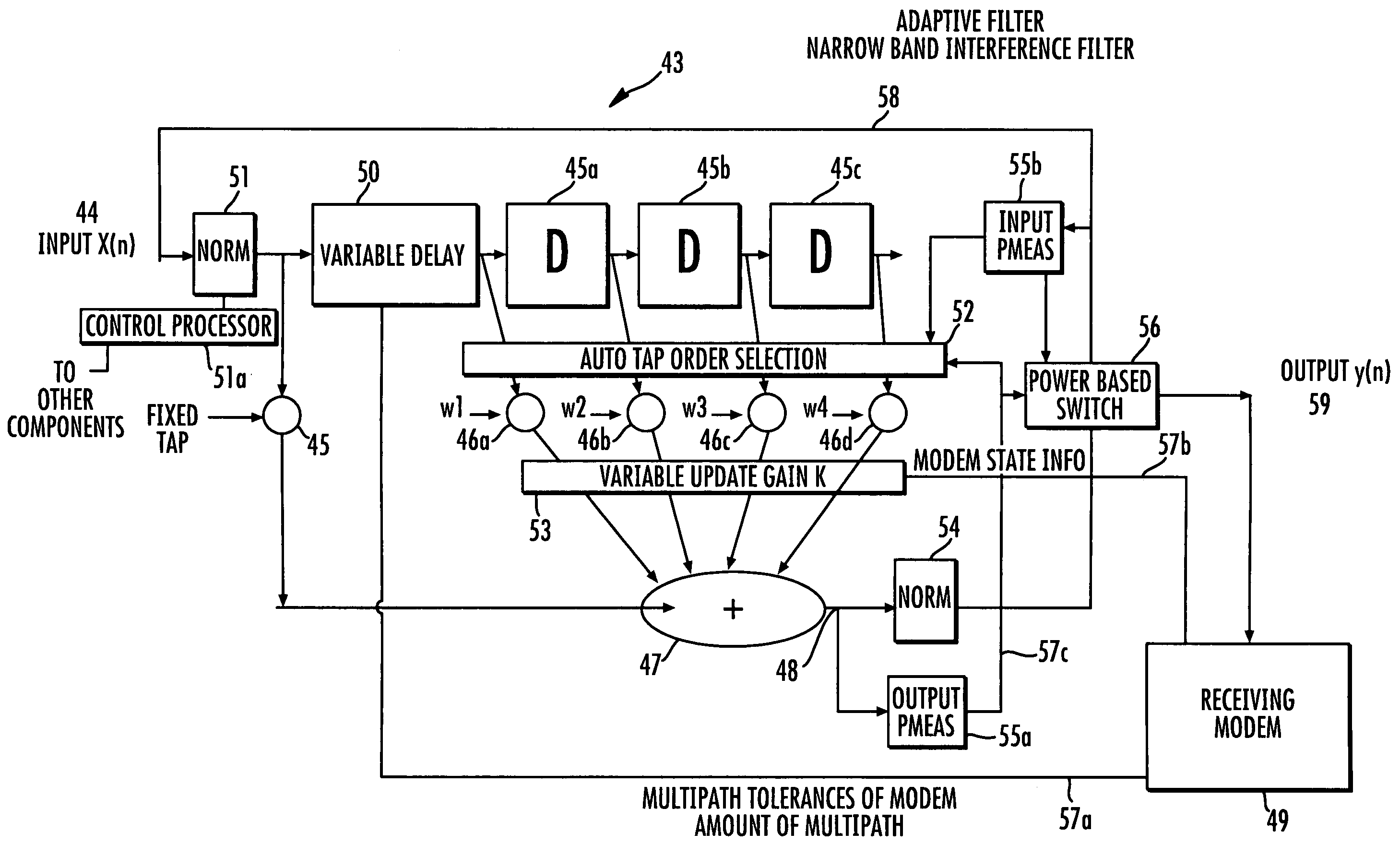Communications system using adaptive filter that is selected based on output power