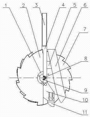 A notched disk stubble breaking knife and stubble breaking ditching device