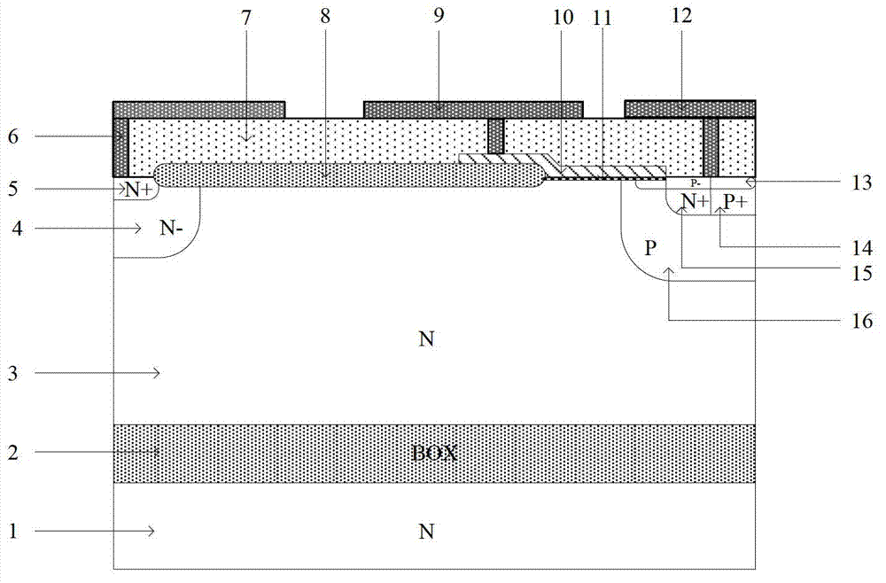 Latch-up resisting N-type SOI laterally diffused metal oxide semiconductor