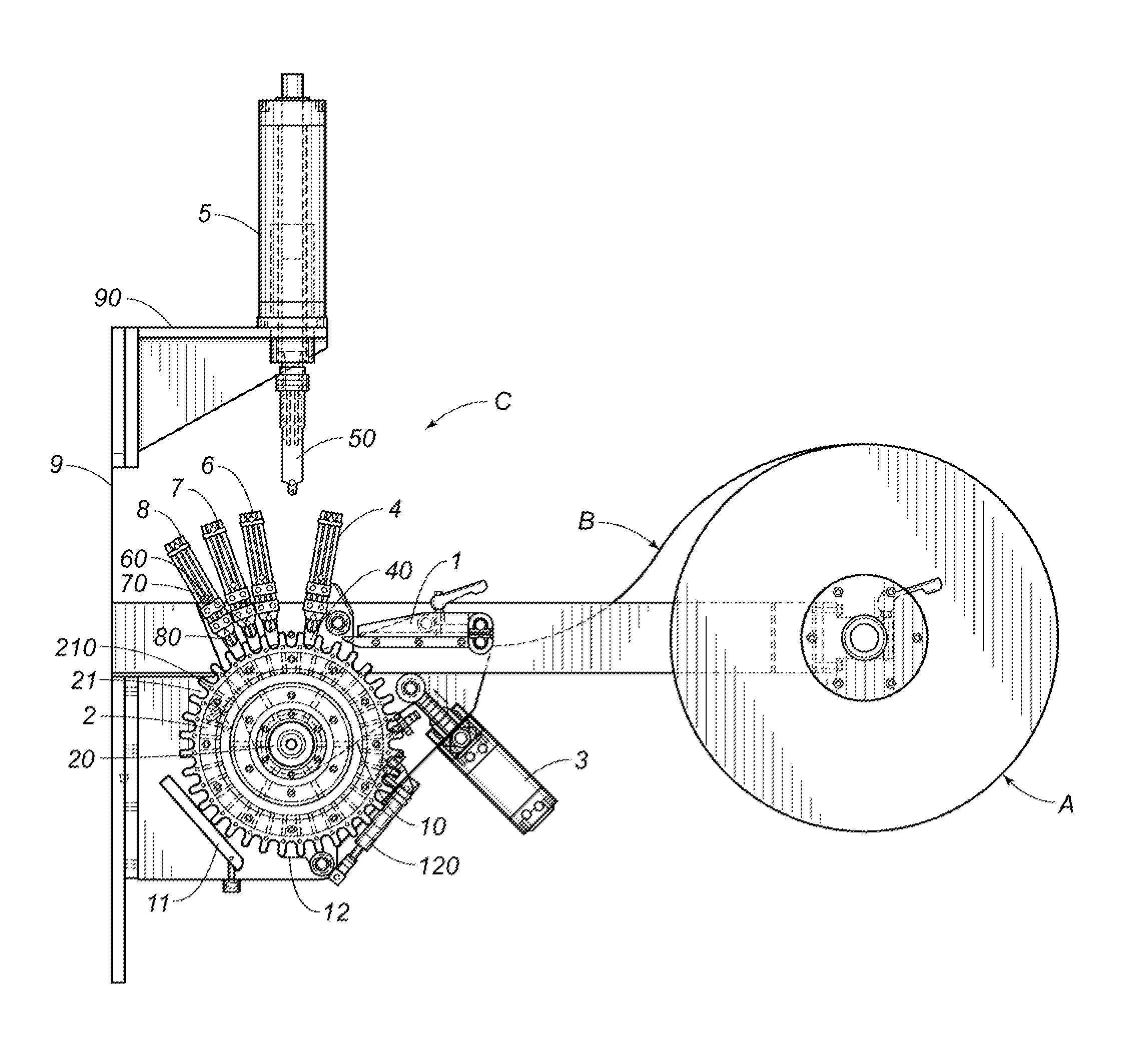 Apparatus for continuously shaping an undulating profile into a plate of polymeric material