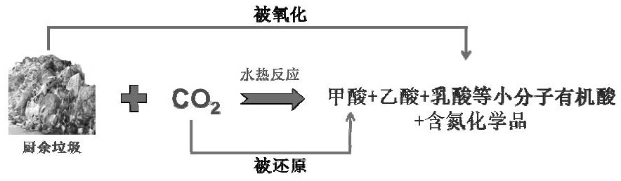 Kitchen garbage and CO2 source hydrothermal synergistic conversion method