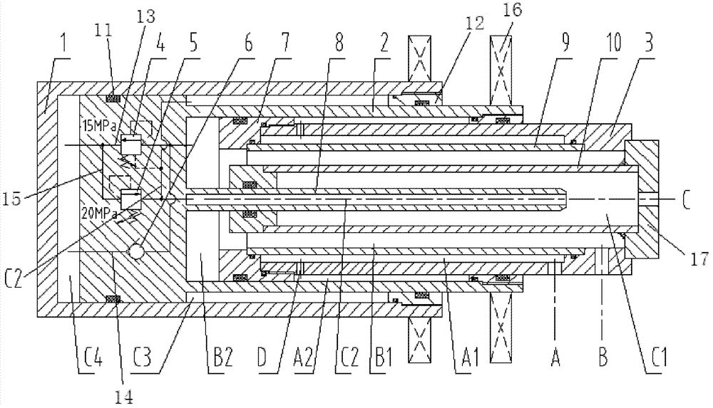 Secondary stretching and retracting hydraulic cylinder and hydraulic equipment