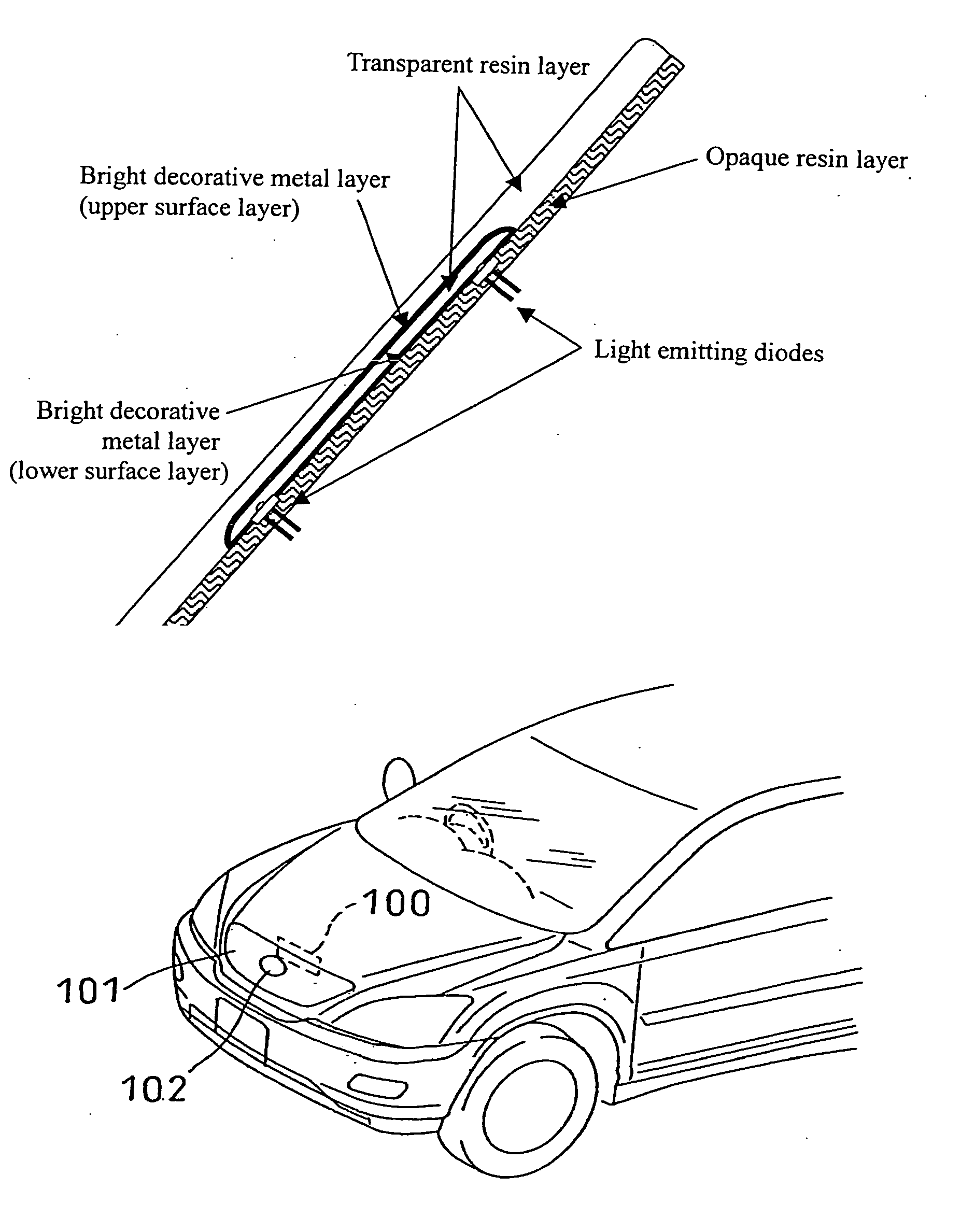 Bright decorative molded articles and molded articles located in the beam path of radar device