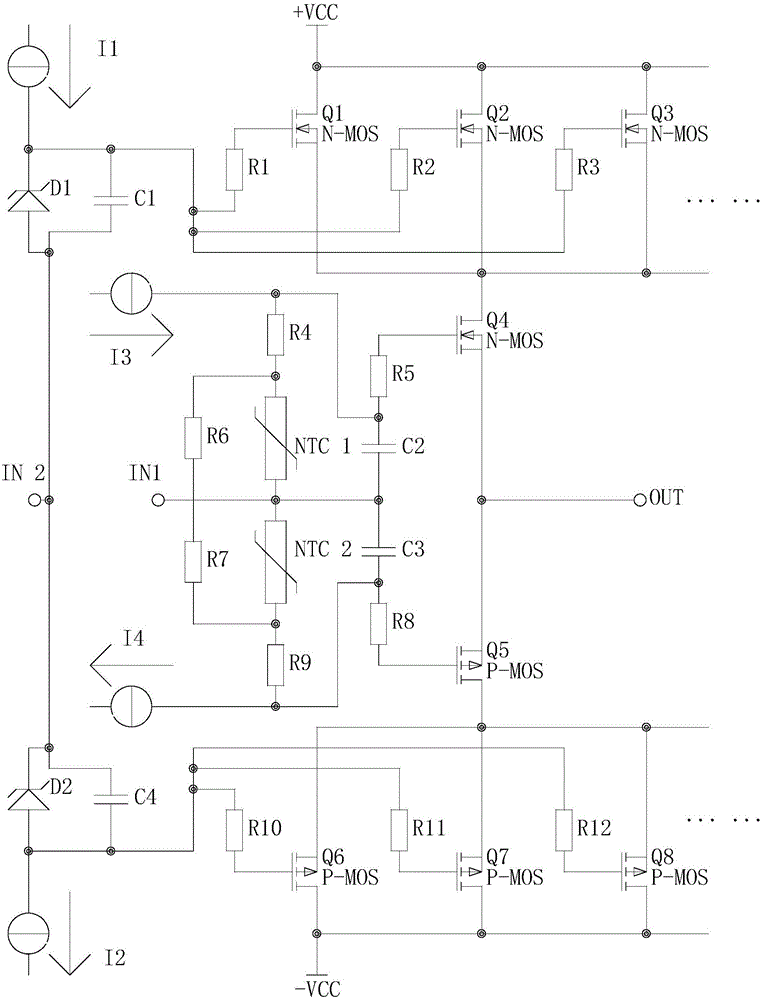 Source-electrode-free high-power field-effect tube complementary output circuit
