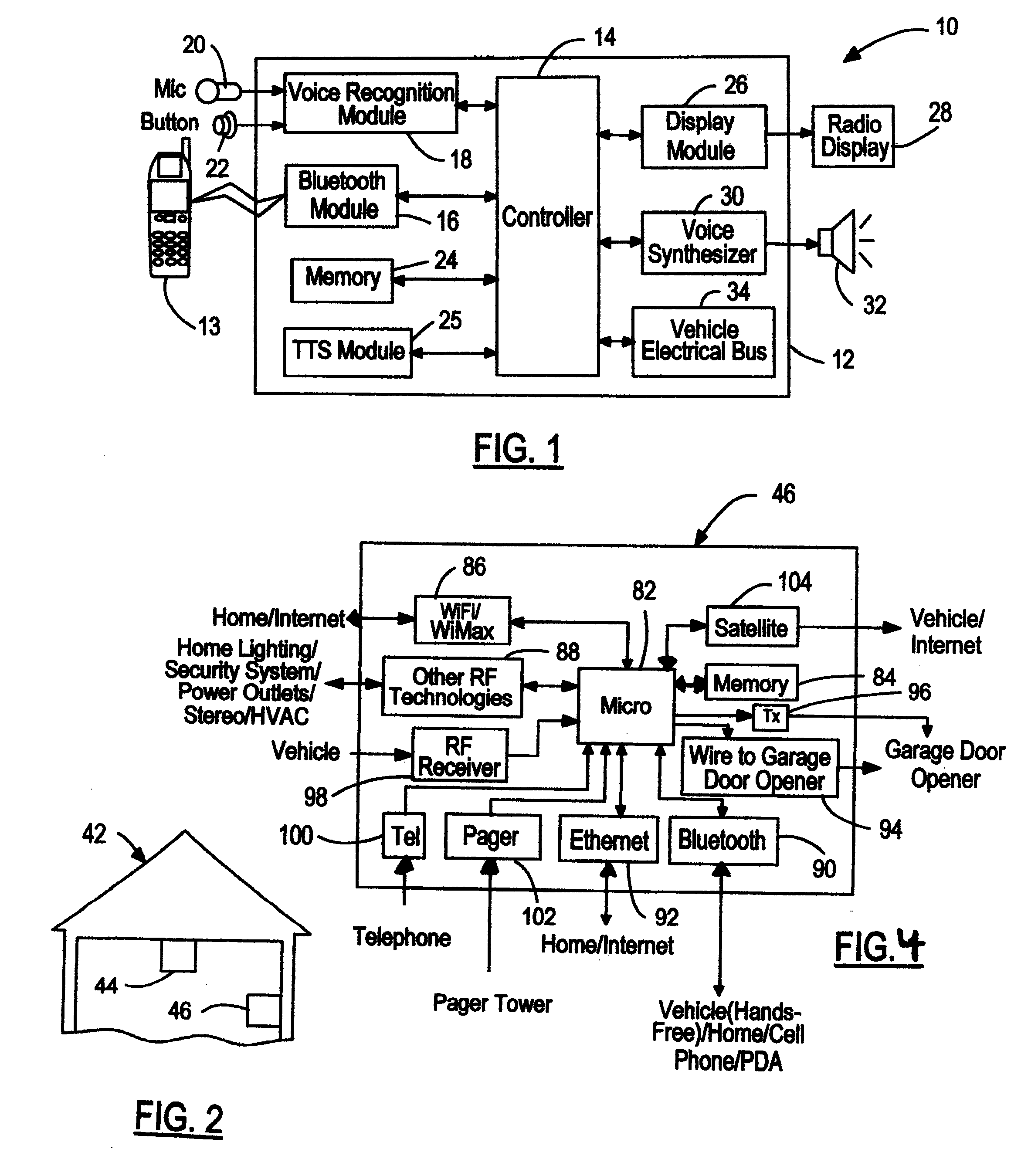 Garage door opener communications gateway module for enabling communications among vehicles, house devices, and telecommunications networks