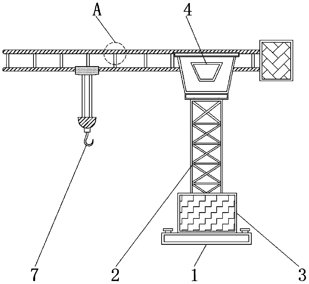 A tower hoisting device that effectively reduces the corrosion of connecting bolts of the boom