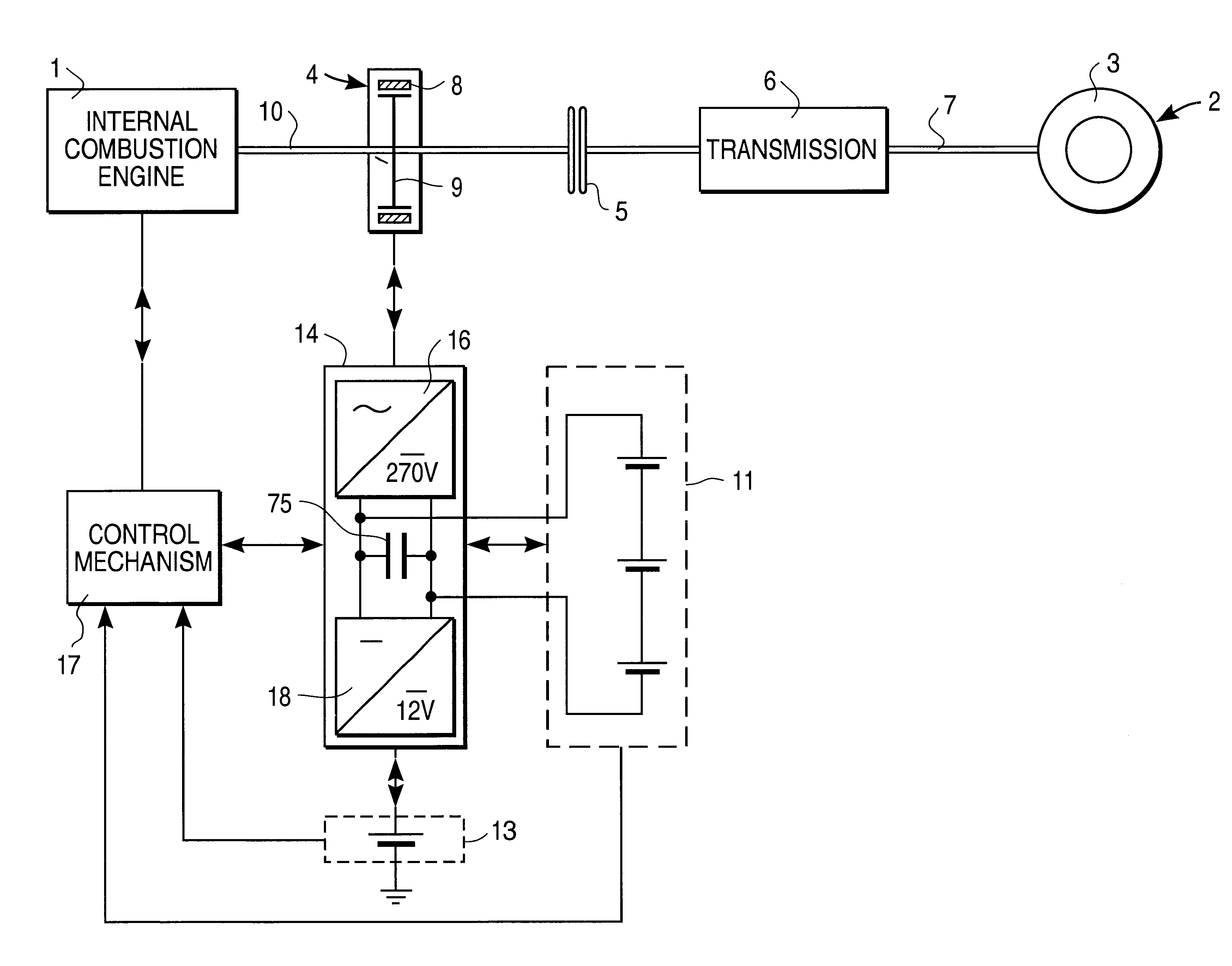 Drive system with drive-motor, electric machine and battery