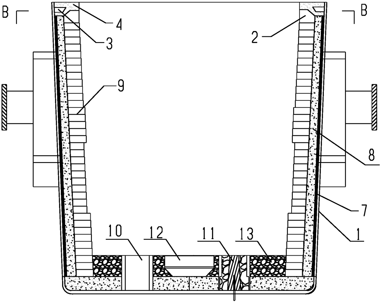 Molten steel tank edge masonry construction without gland plate and construction method of molten steel tank edge masonry construction