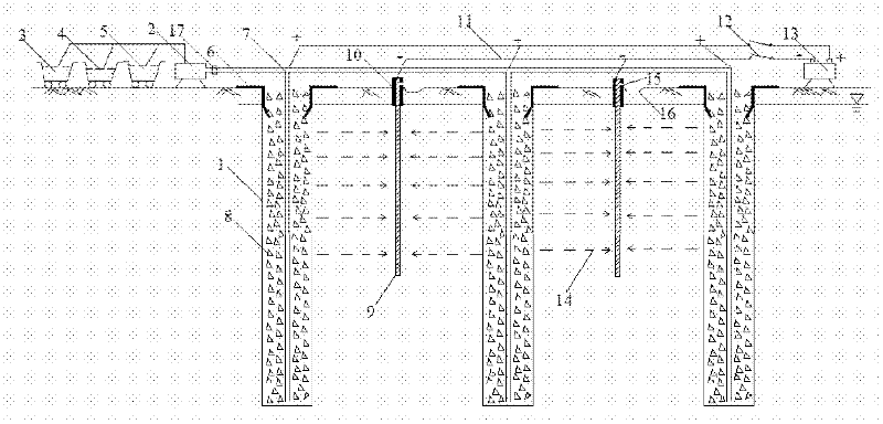 Method for processing soft foundation by combining electrochemical grouting with slurry-cemented discrete material pile