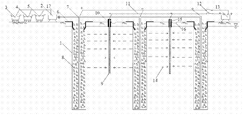Method for processing soft foundation by combining electrochemical grouting with slurry-cemented discrete material pile