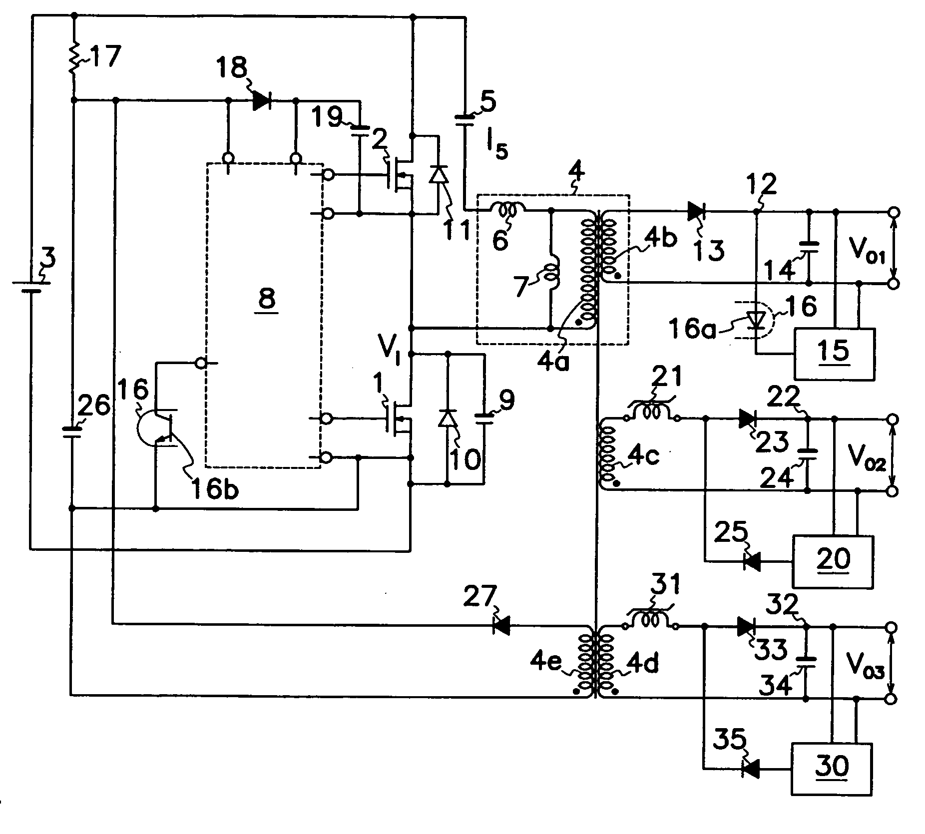 Resonant DC-DC converter of multi-output type
